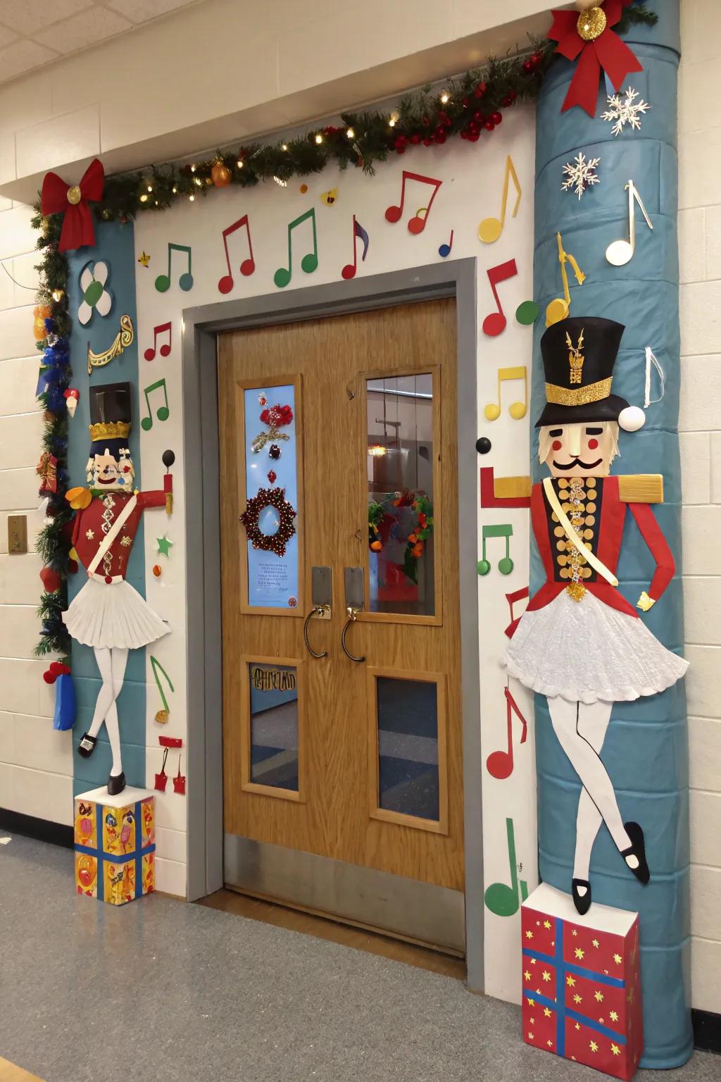 Nutcracker-inspired ornamentation embellishes this school entryway.