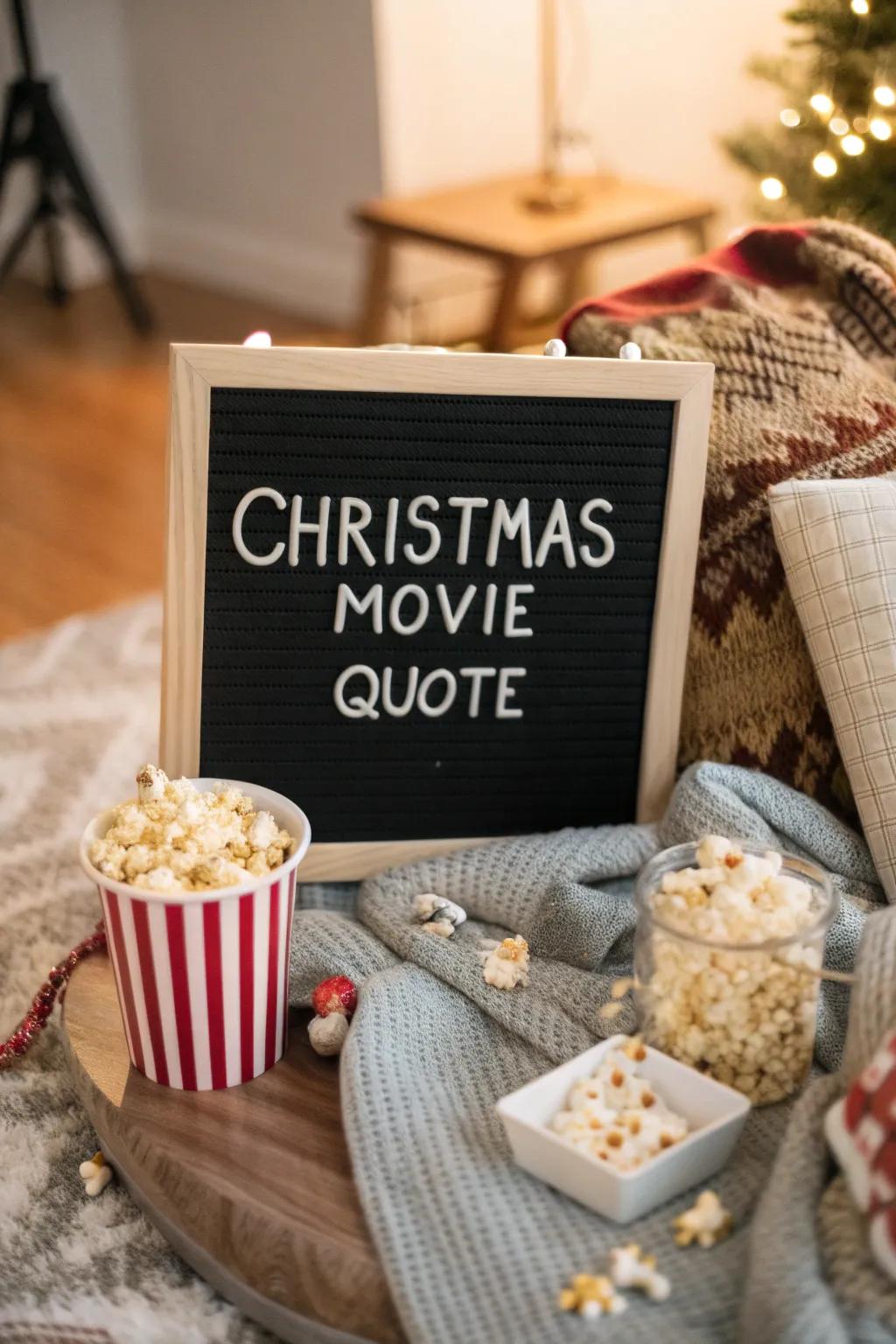 A quote board perfect for movie evenings, filled with festive film excerpts.