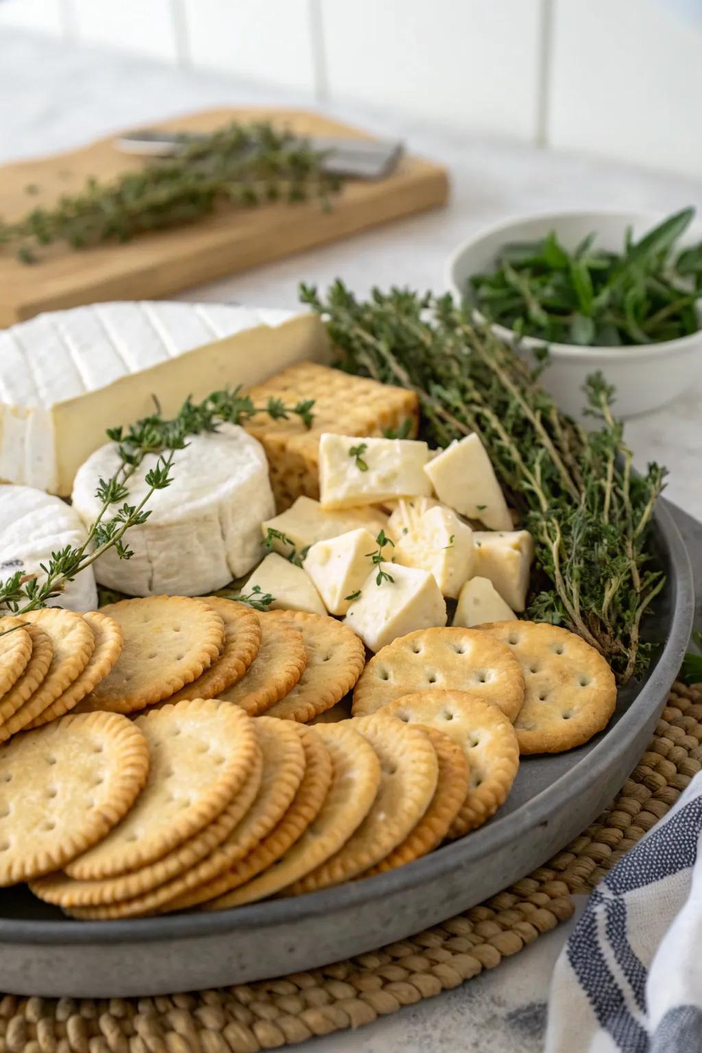 Seasoned crackers matched with creamy cheeses.