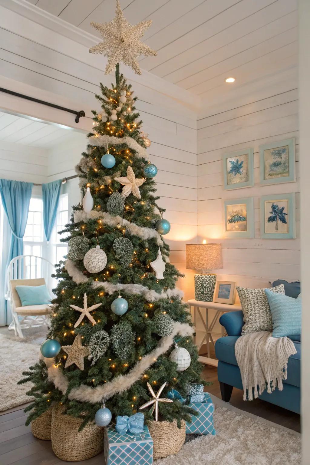 Convey the sea to your family room with a beneath the surface Christmas tree theme.