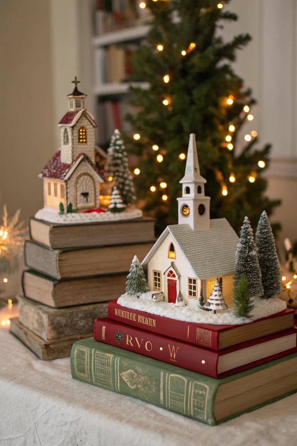 Books as platforms provide height and interest to your Christmas village.