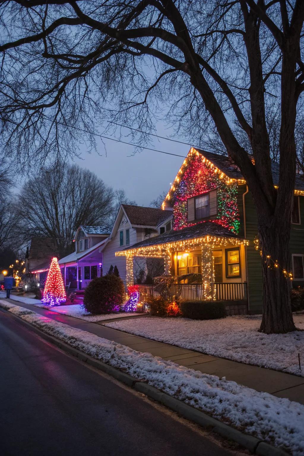 A house glowing with vibrant colorful seasonal lights.