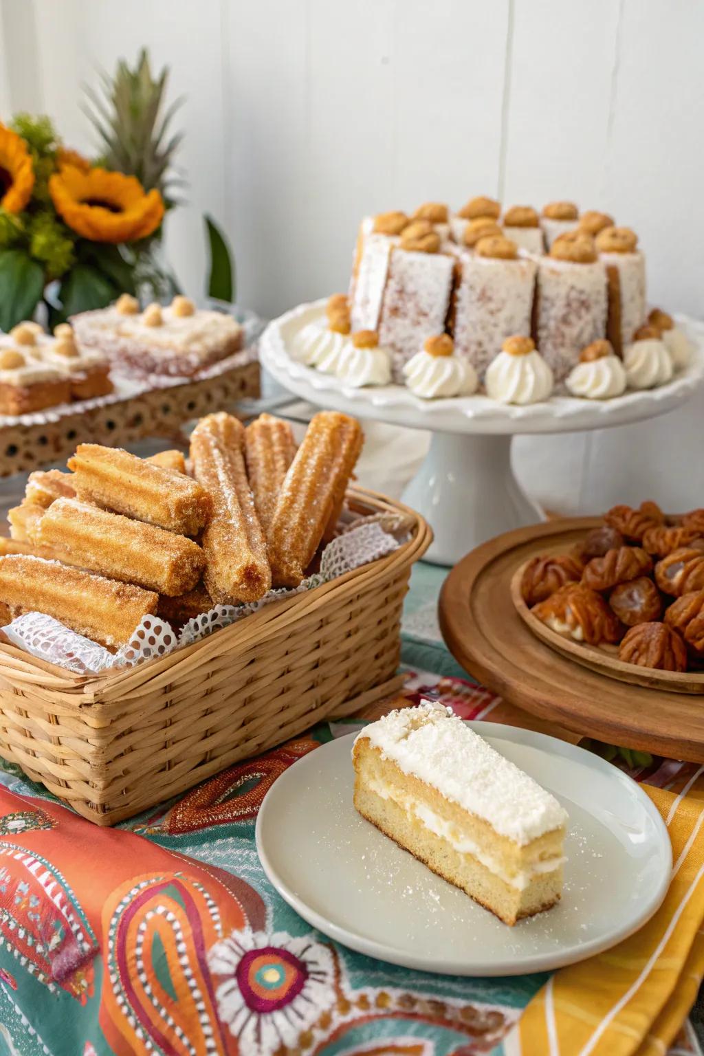Scrumptious Mexican desserts like churros and tres leches cake.