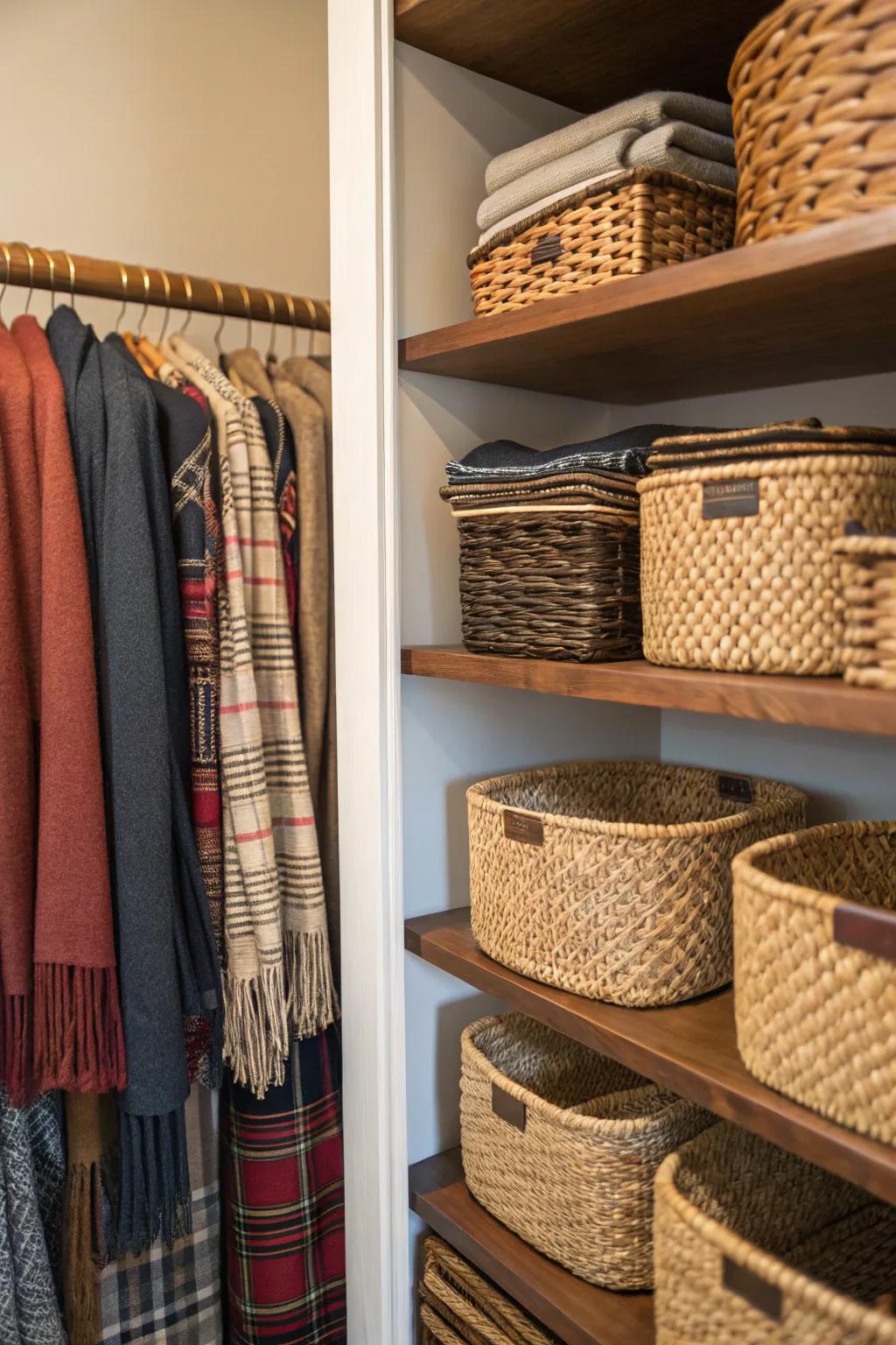 Arrange items using fashionable woven baskets.