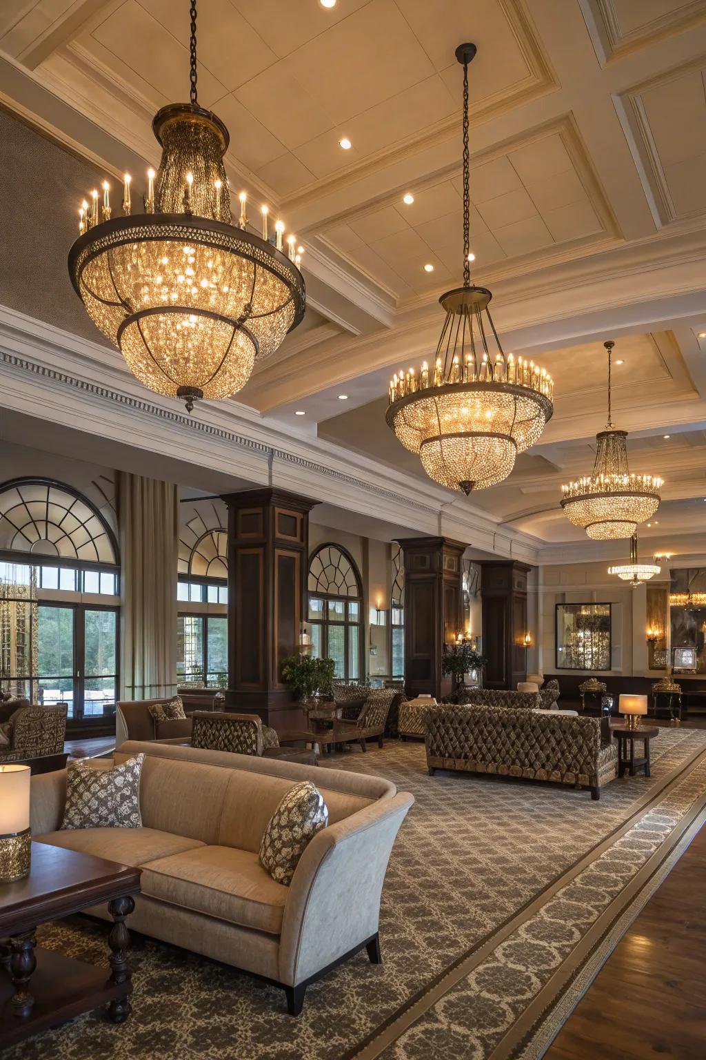 Notable illumination arrangements heightening elegance in a clubhouse.