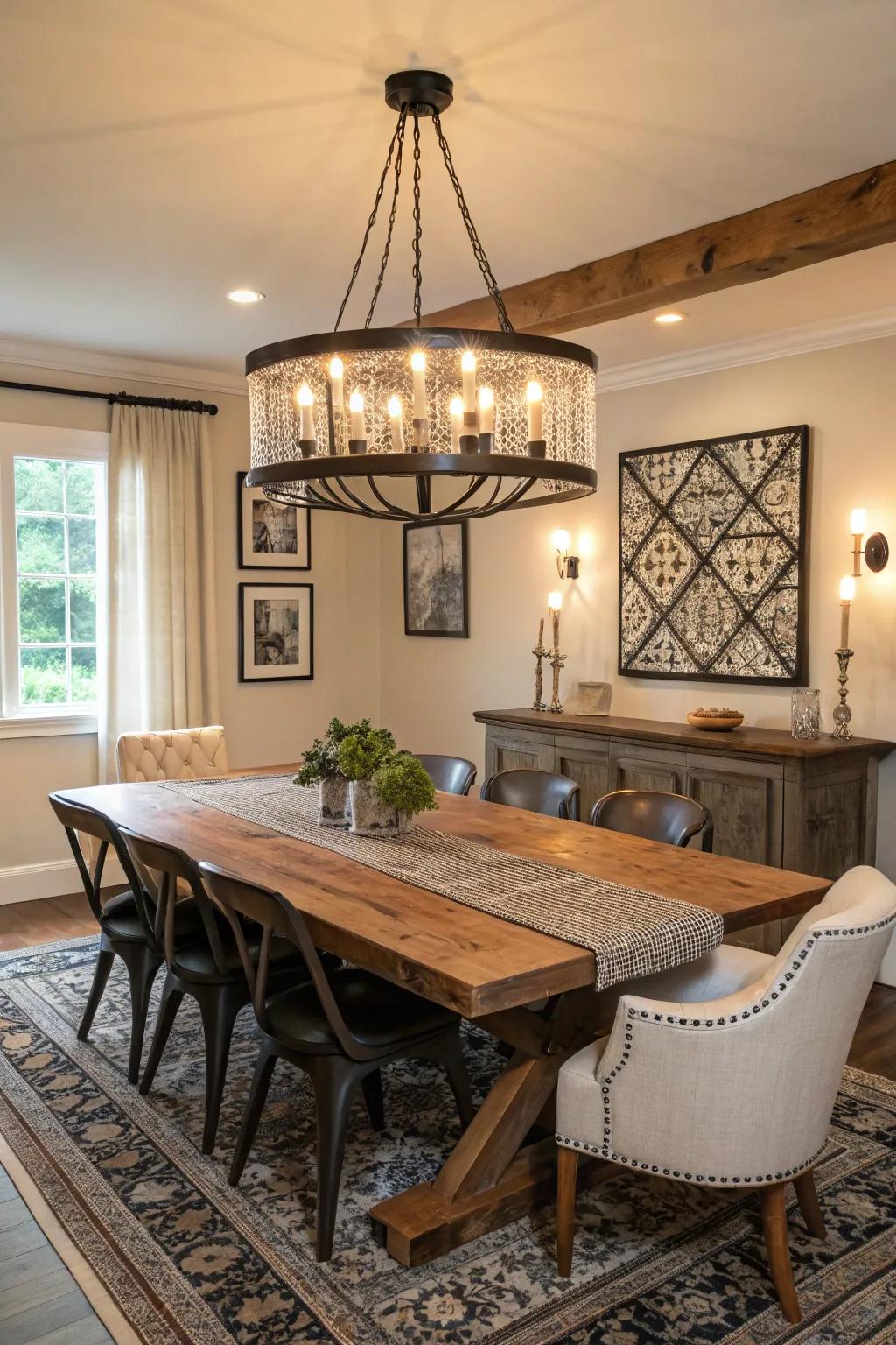 The mix of modern and antique elements creates a dynamic seaside country aesthetic.