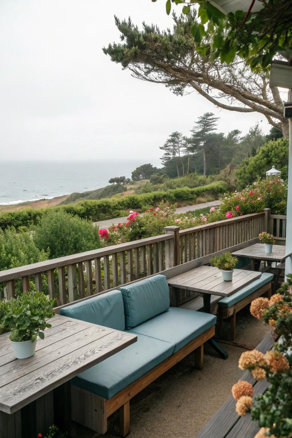 Exterior seating zones encourage relaxation in a coastal setting.