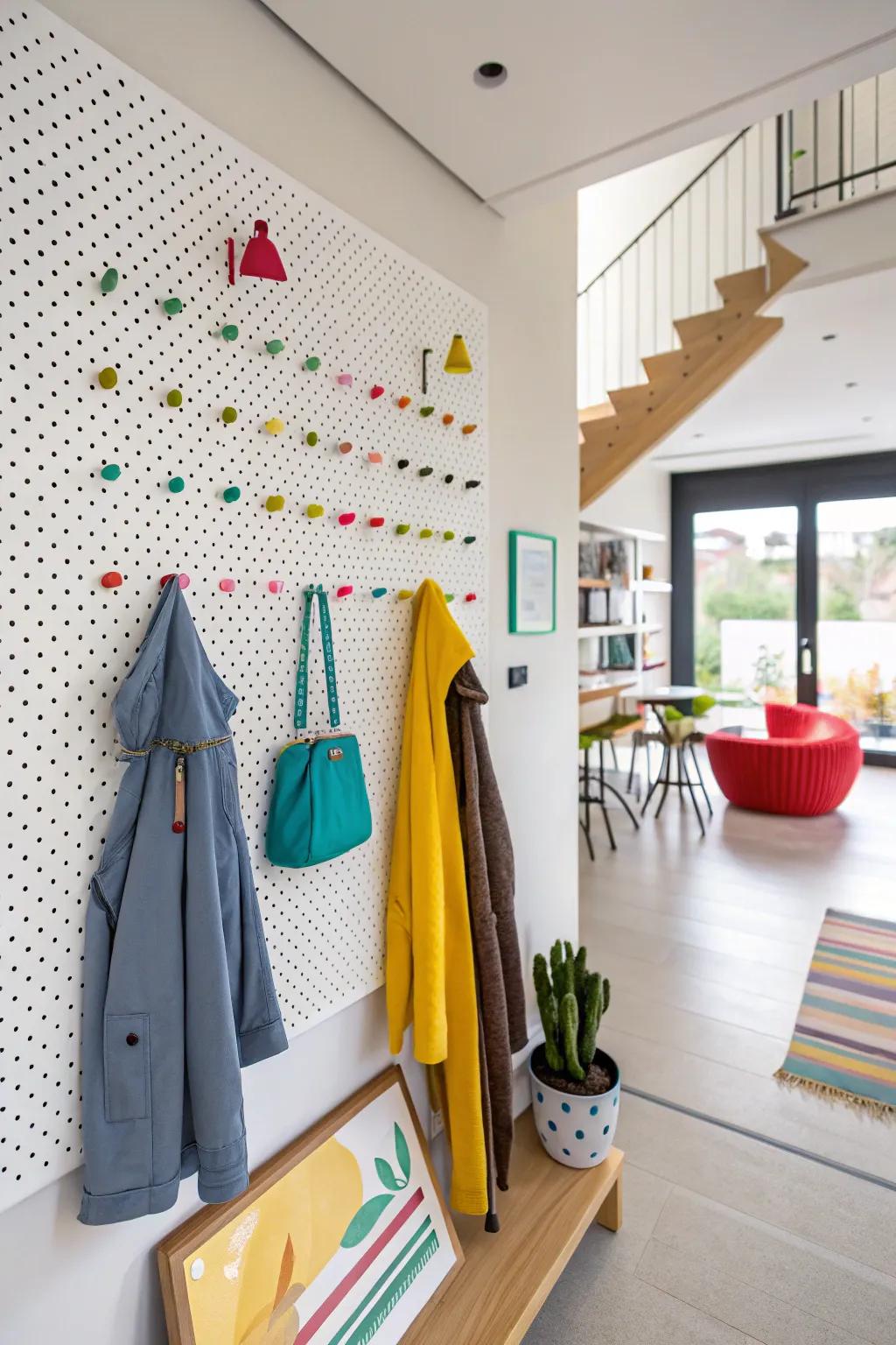 An angular pegboard coat rack delivering a customizable and modern solution.
