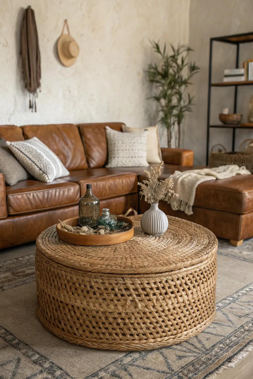 A woven coffee table imparts texture and warmth to a sleek leather sectional.