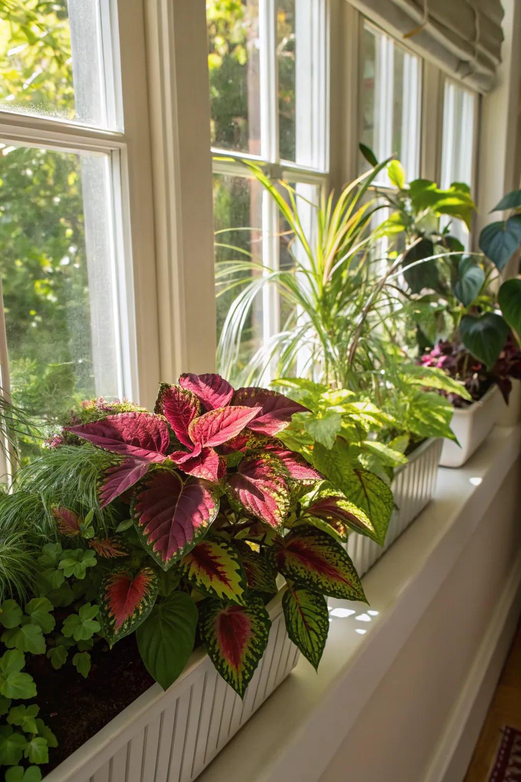 Tropical greenery blended with 'Spectrum Leaf' plants establishes an exotic window presentation.