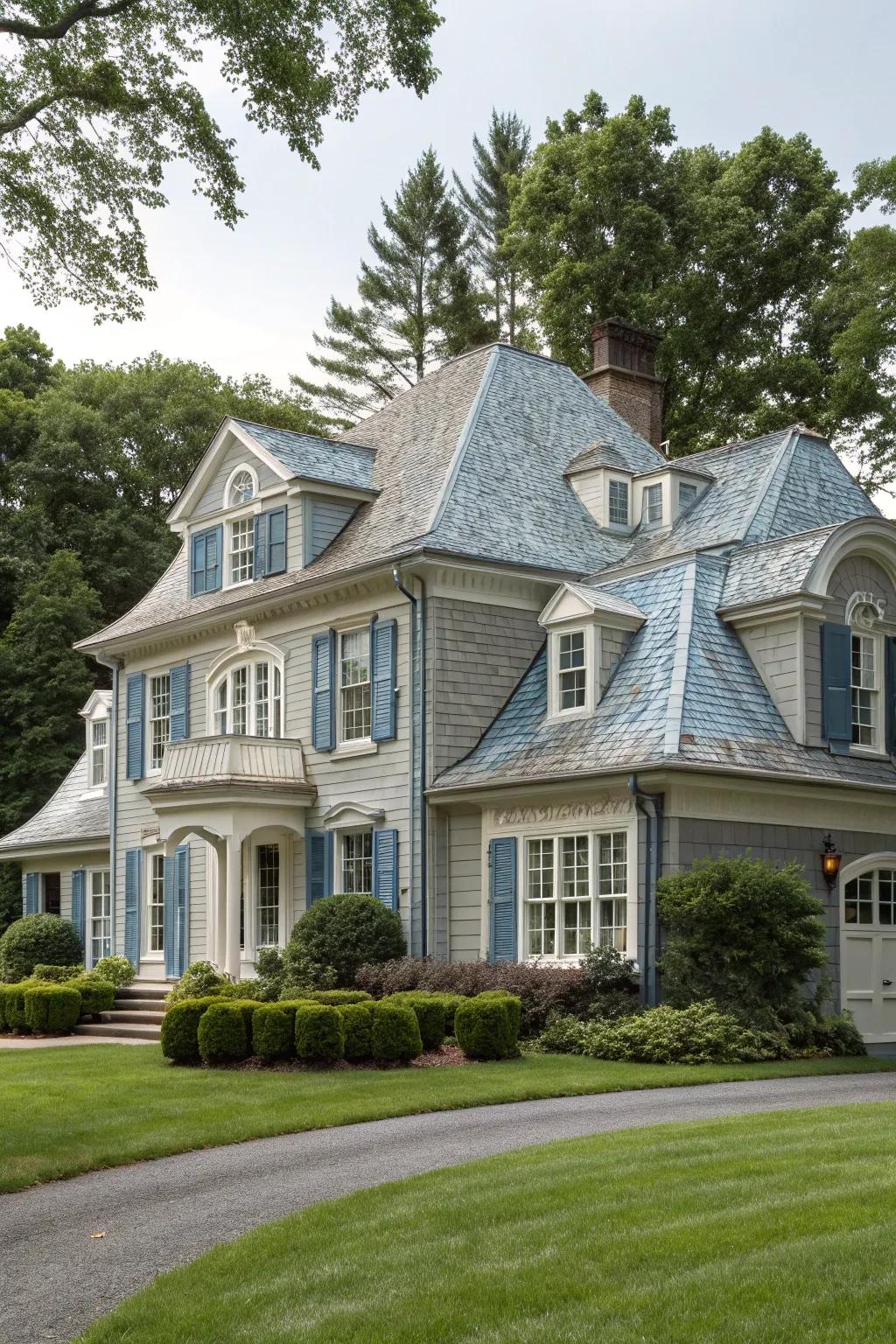 Colonial home displaying a sophisticated slate and azure palette.