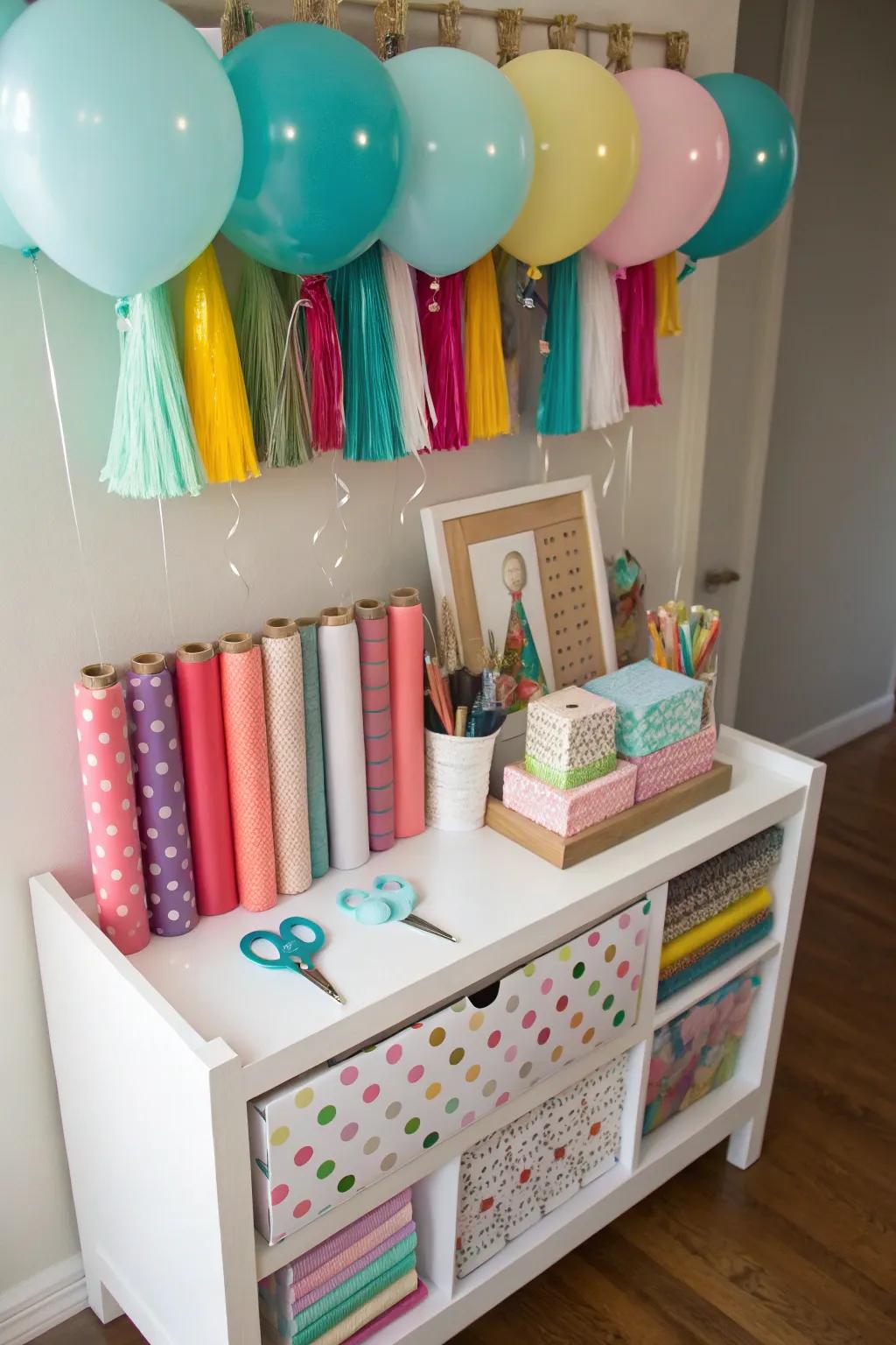 A personalized present wrapping corner accommodating both celebration themes.
