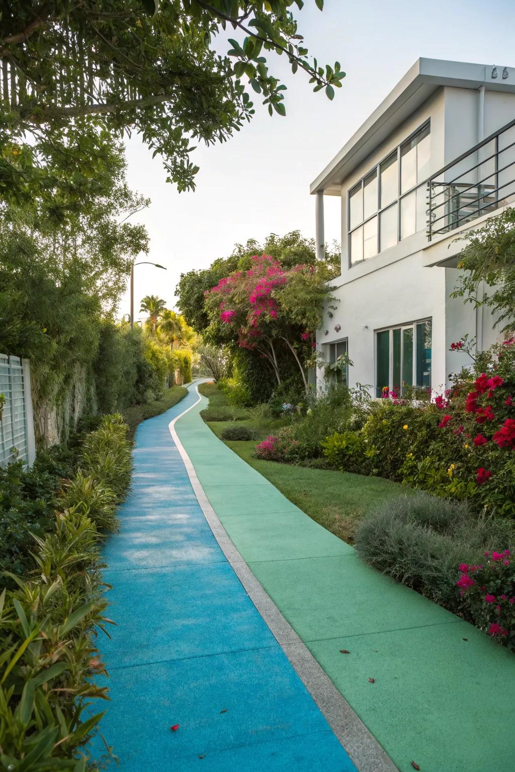 Colored concrete walkways add a burst of personality.