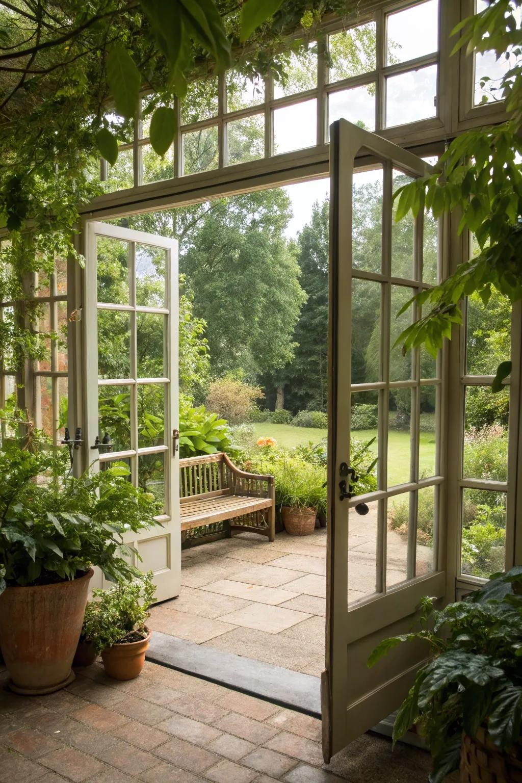 A sunroom with broad glass doors opening into a stunning garden.