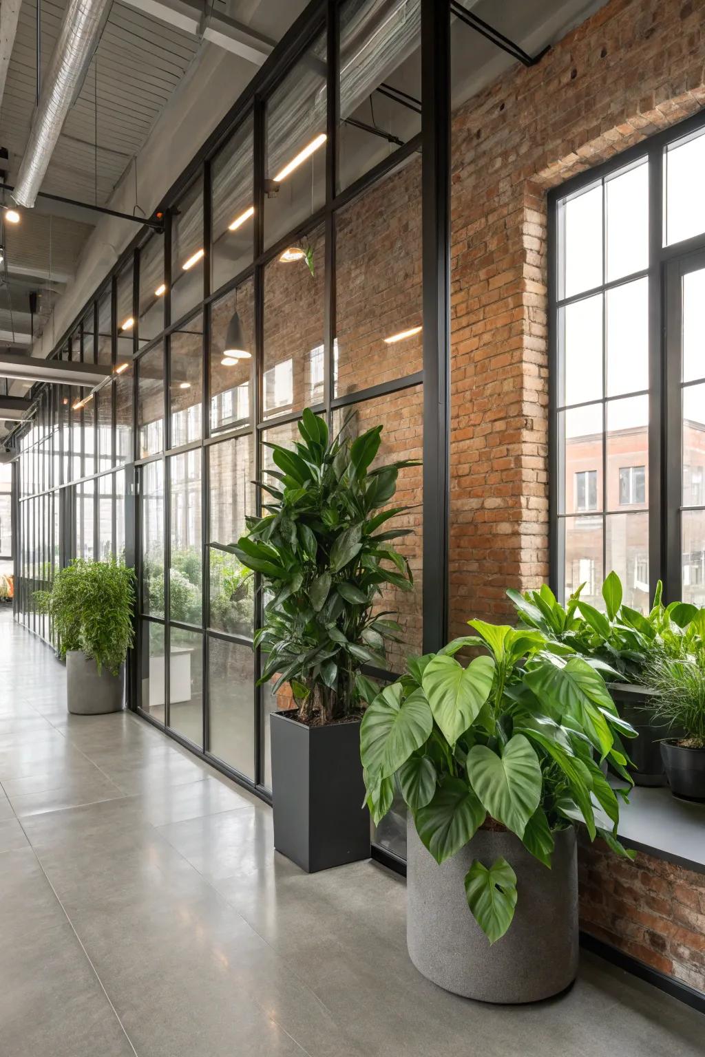 Indoor plants give a fresh touch to an industrial-themed office.