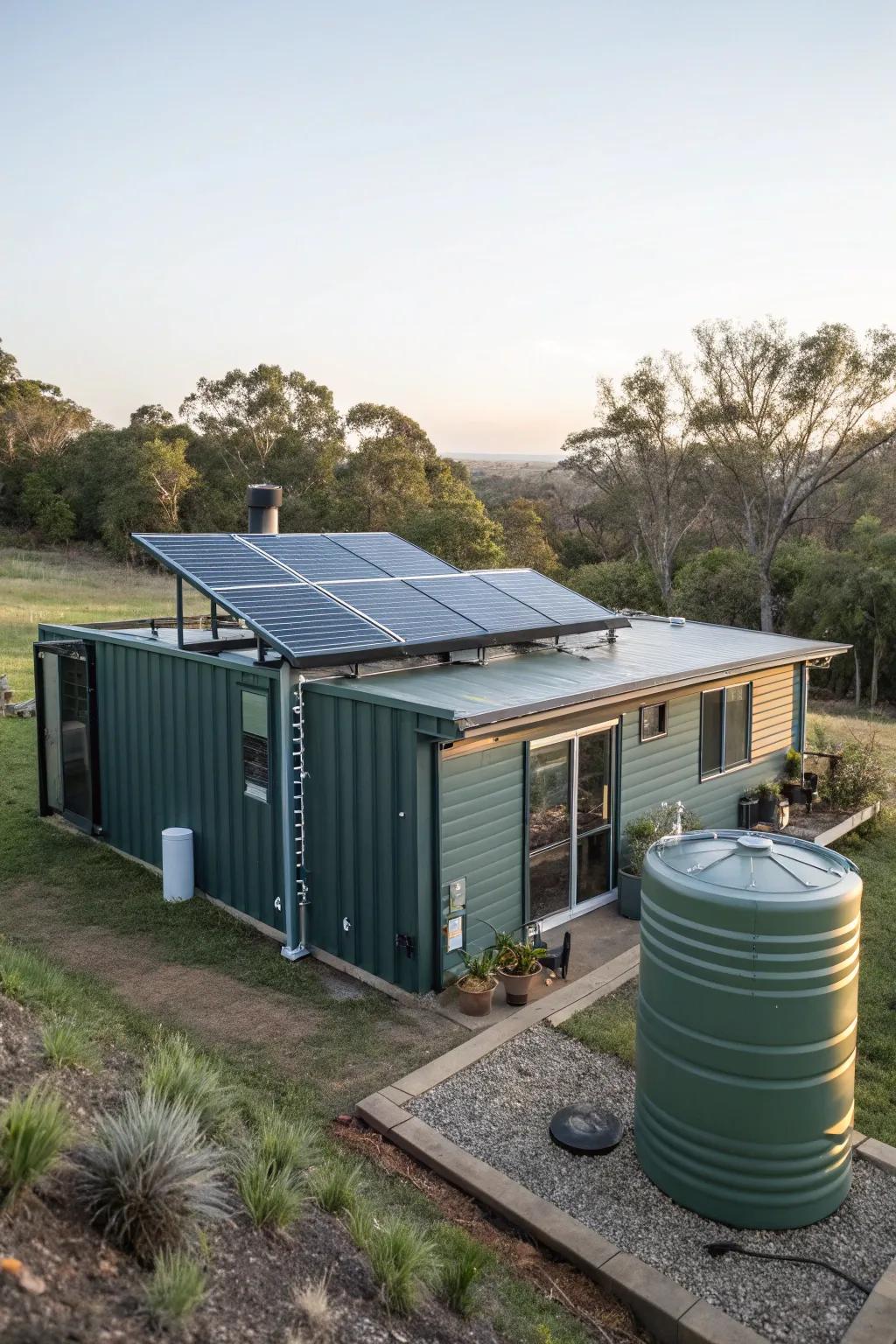 Green features such as solar arrays enhance this container dwelling.