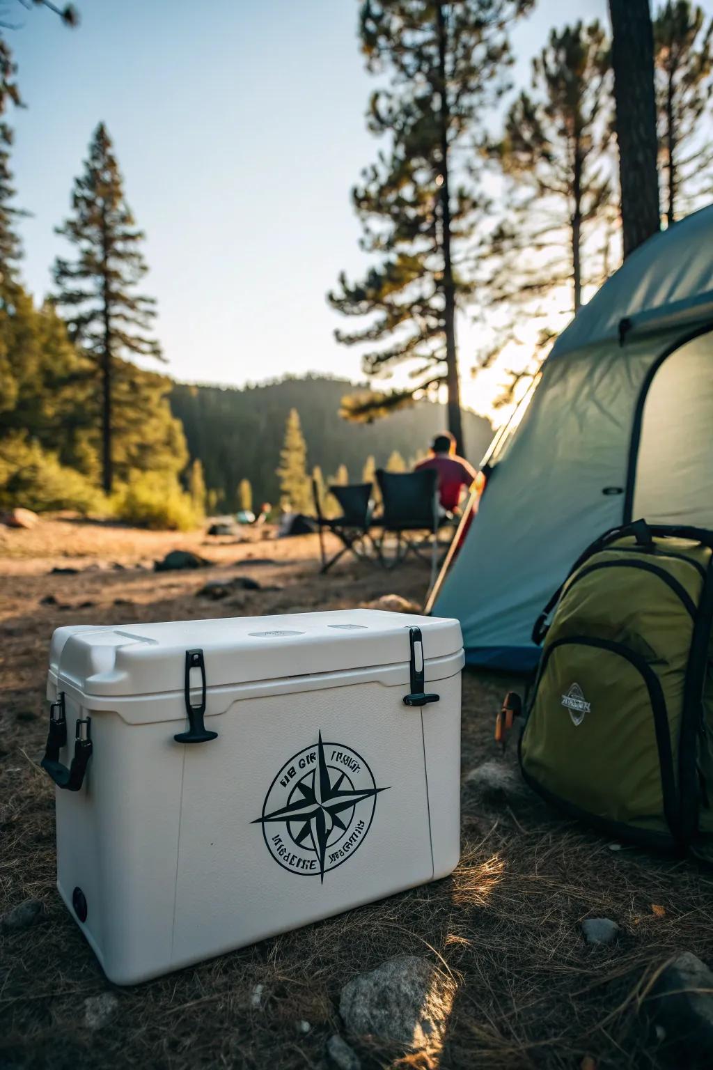 A cooler with a directional emblem for exploration enthusiasts.