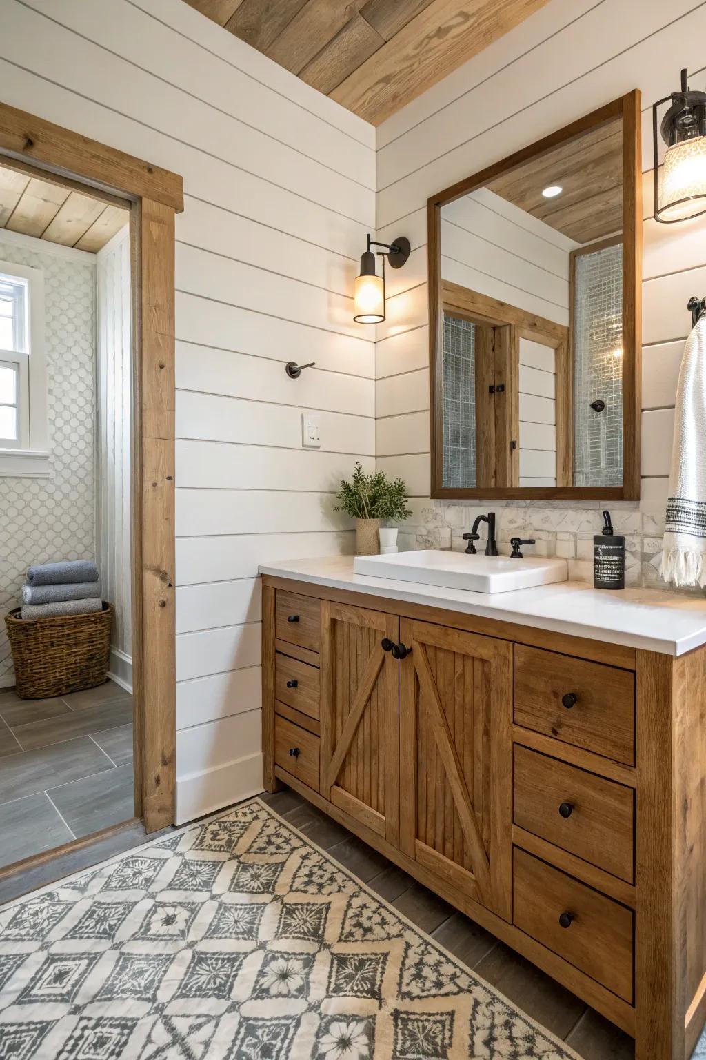 A harmonious blend of textures within a cottage bathroom