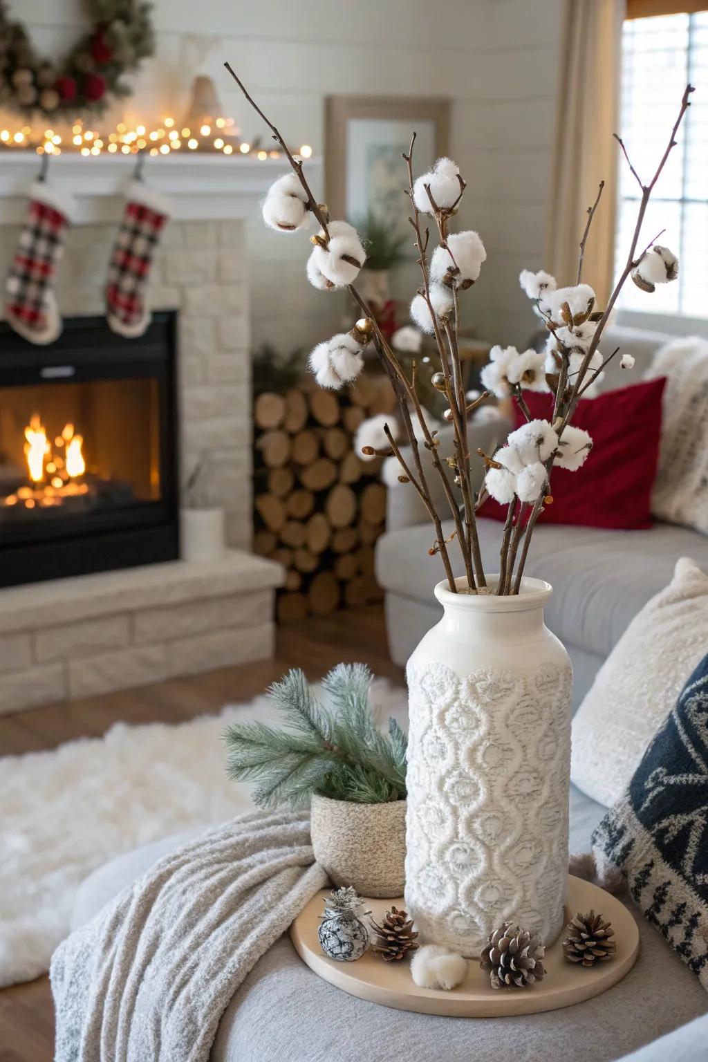 Winter wonderland with snowy cotton sprigs.