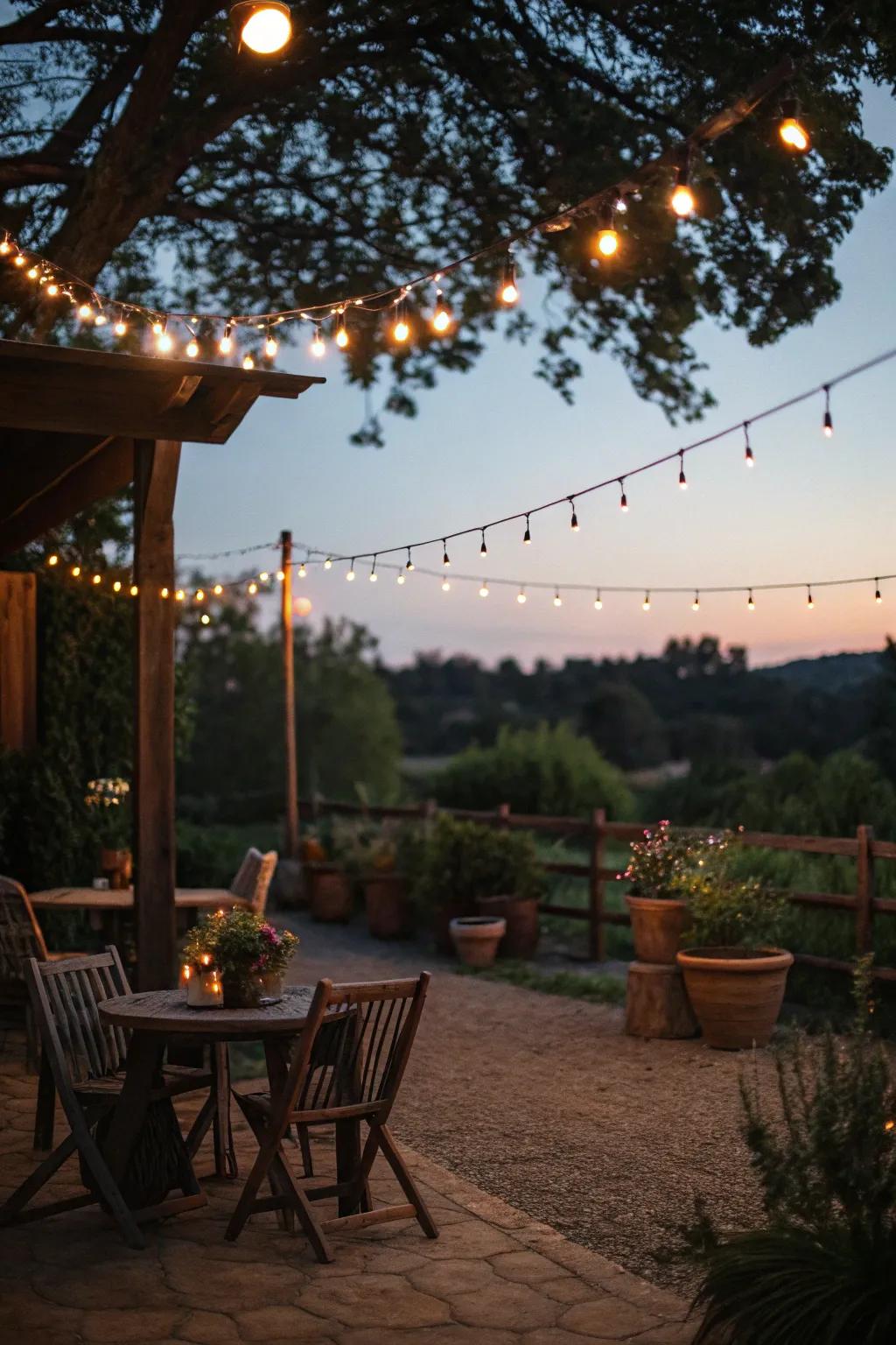 Filament illumination appends a magical gleam to evening gatherings.