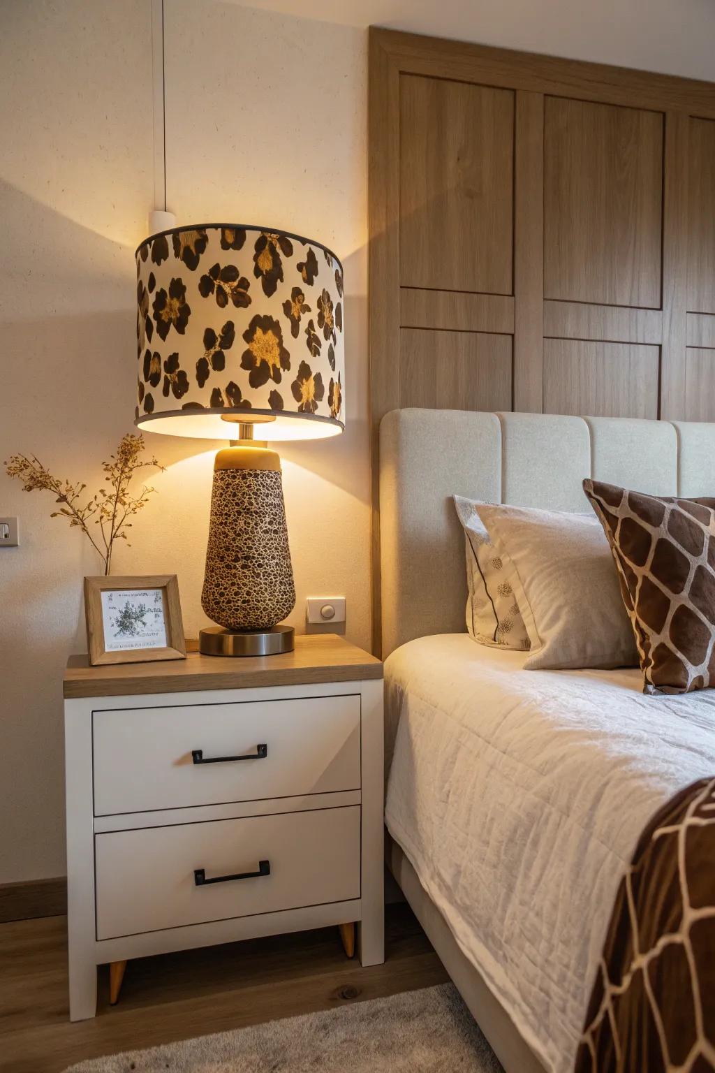 A bovine pattern lampshade contributes a whimsical element to any space.