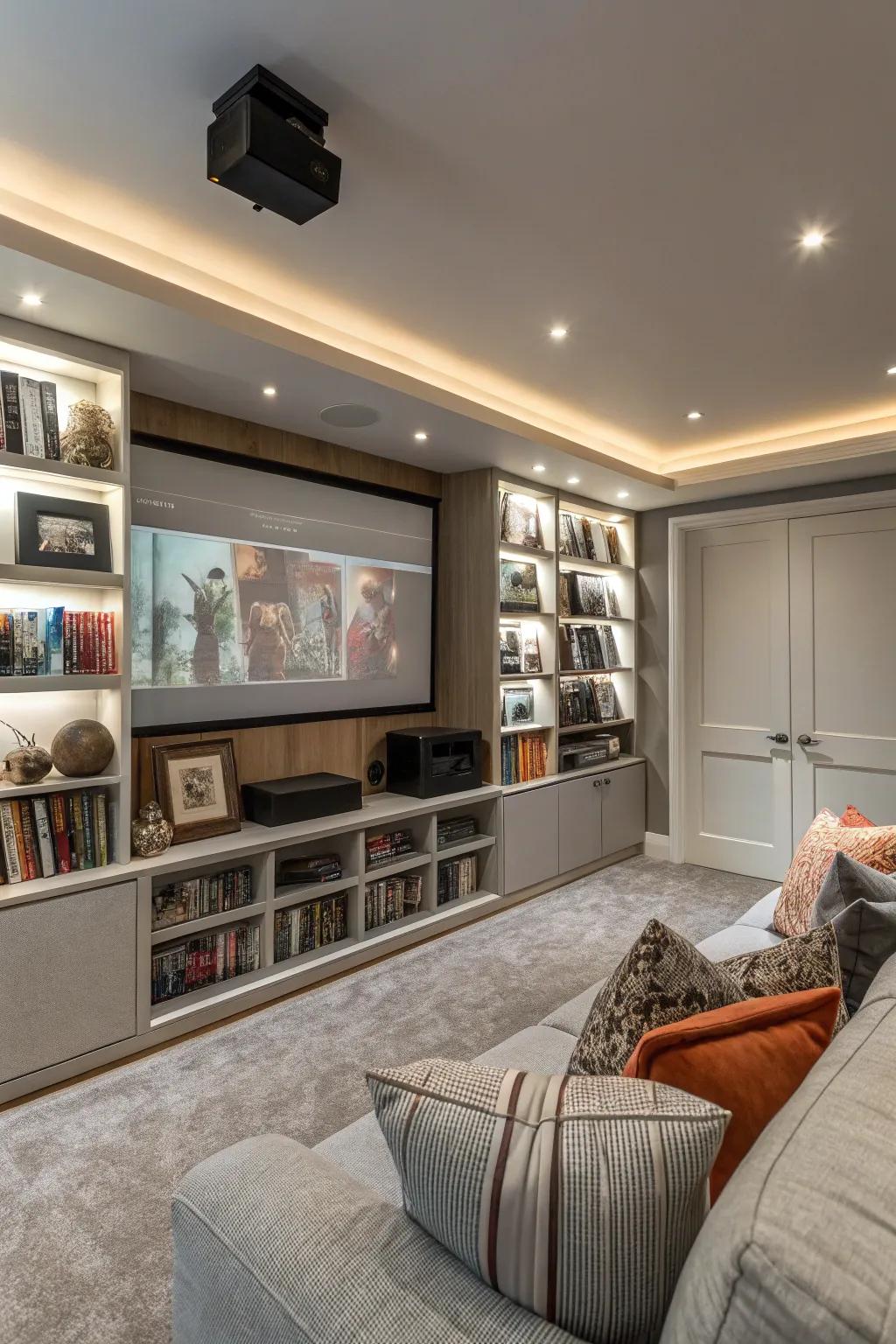 Custom shelving keeps your cinema room organized and fashionable.