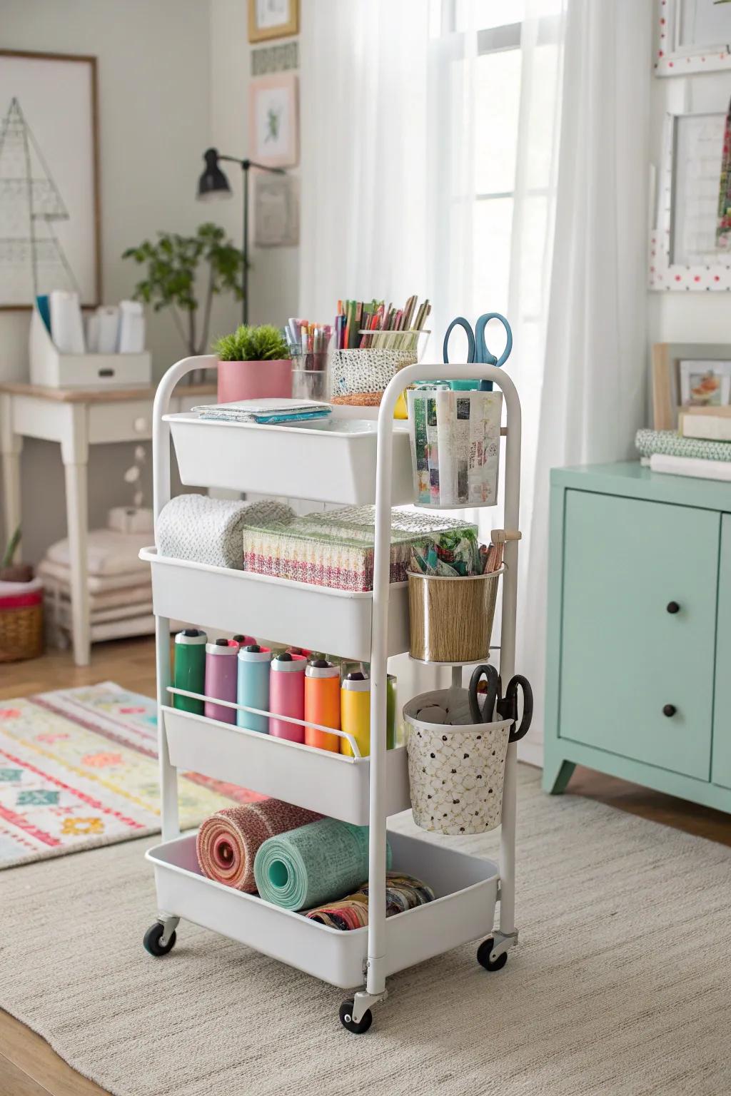 Rolling carts offer adaptable storage solutions.