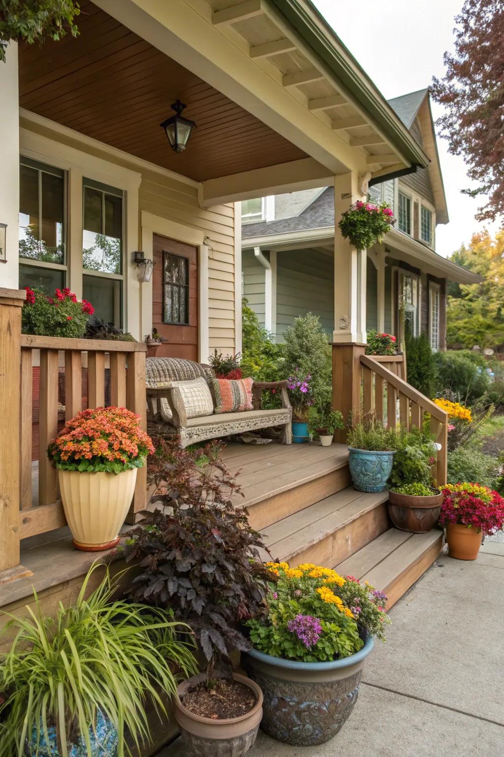 Seasonal plants bring life and color to the patio.