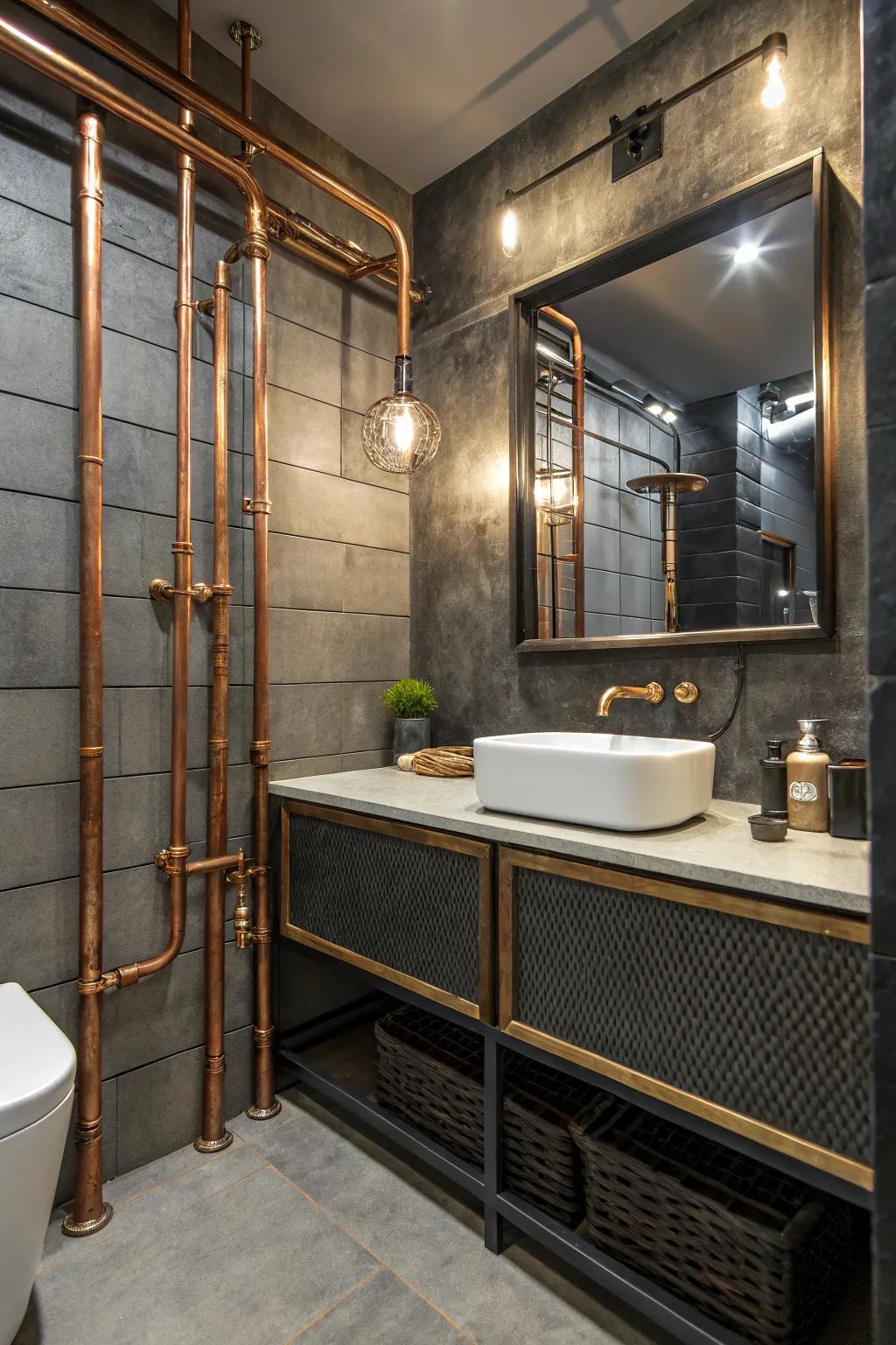 A bathroom highlighting exposed copper pipes for an industrial atmosphere.