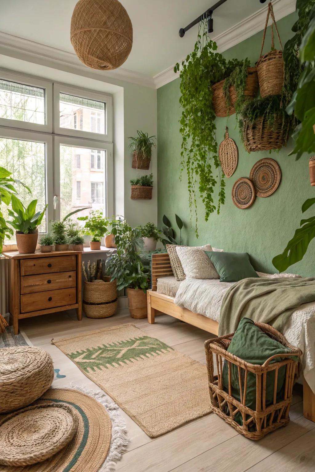 A nature-inspired bedroom abundant with foliage and earthy themes.