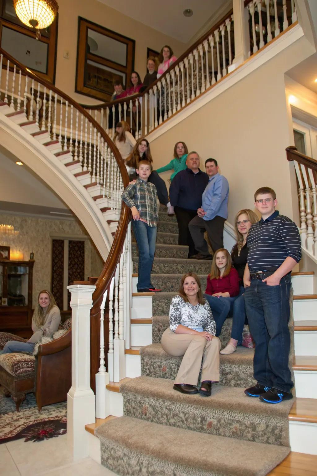 Staircases provide natural tiers for imaginative family photo structures.