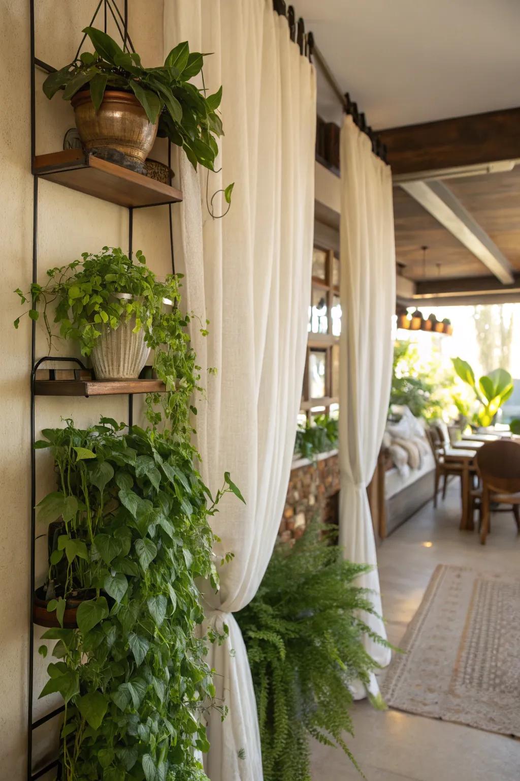 Drapes enhanced by lush flora for a lively feel.