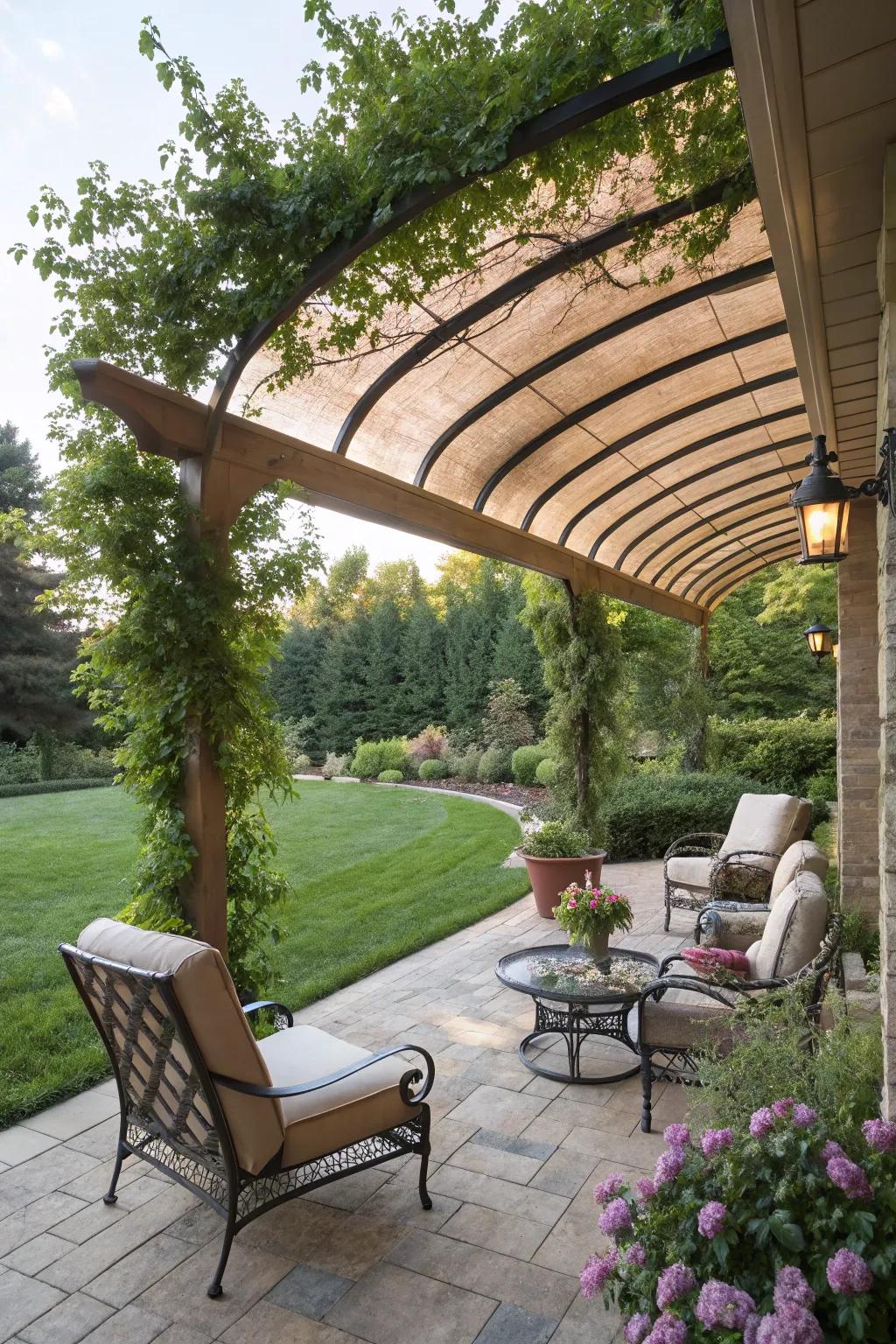 An elegant bowed louvered structure offering shade and sophistication to the patio.
