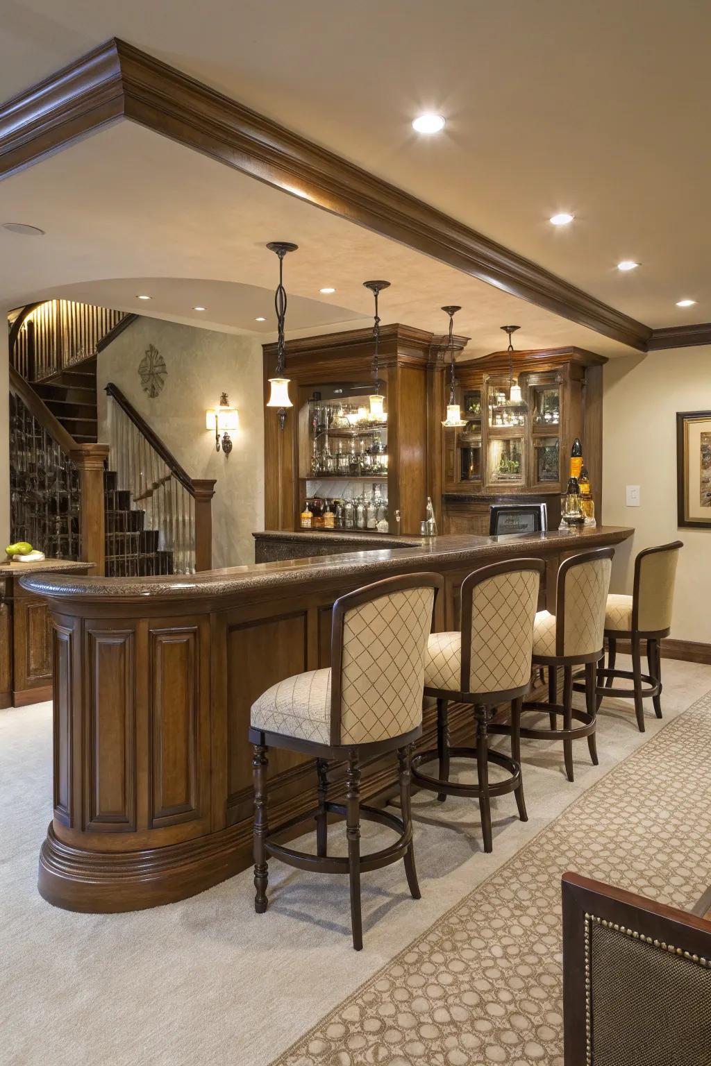 Cozy seating featuring fashionable high chairs at a home bar.