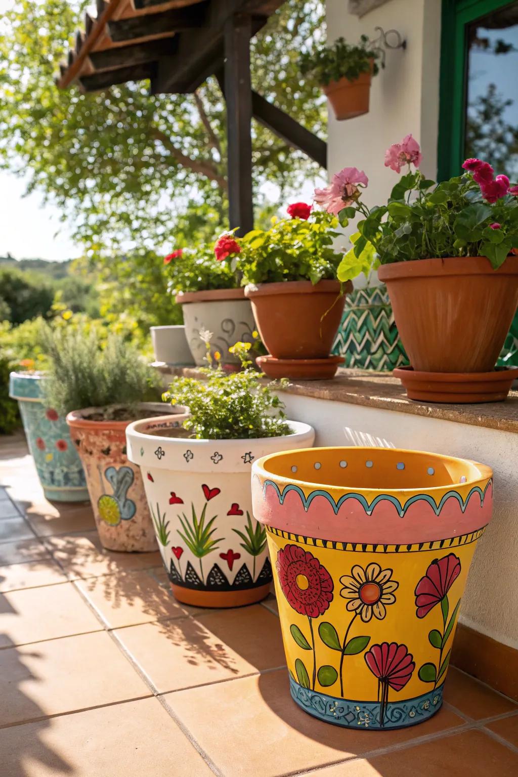 Hand-painted floral vessels infuse vibrant charm into any garden.