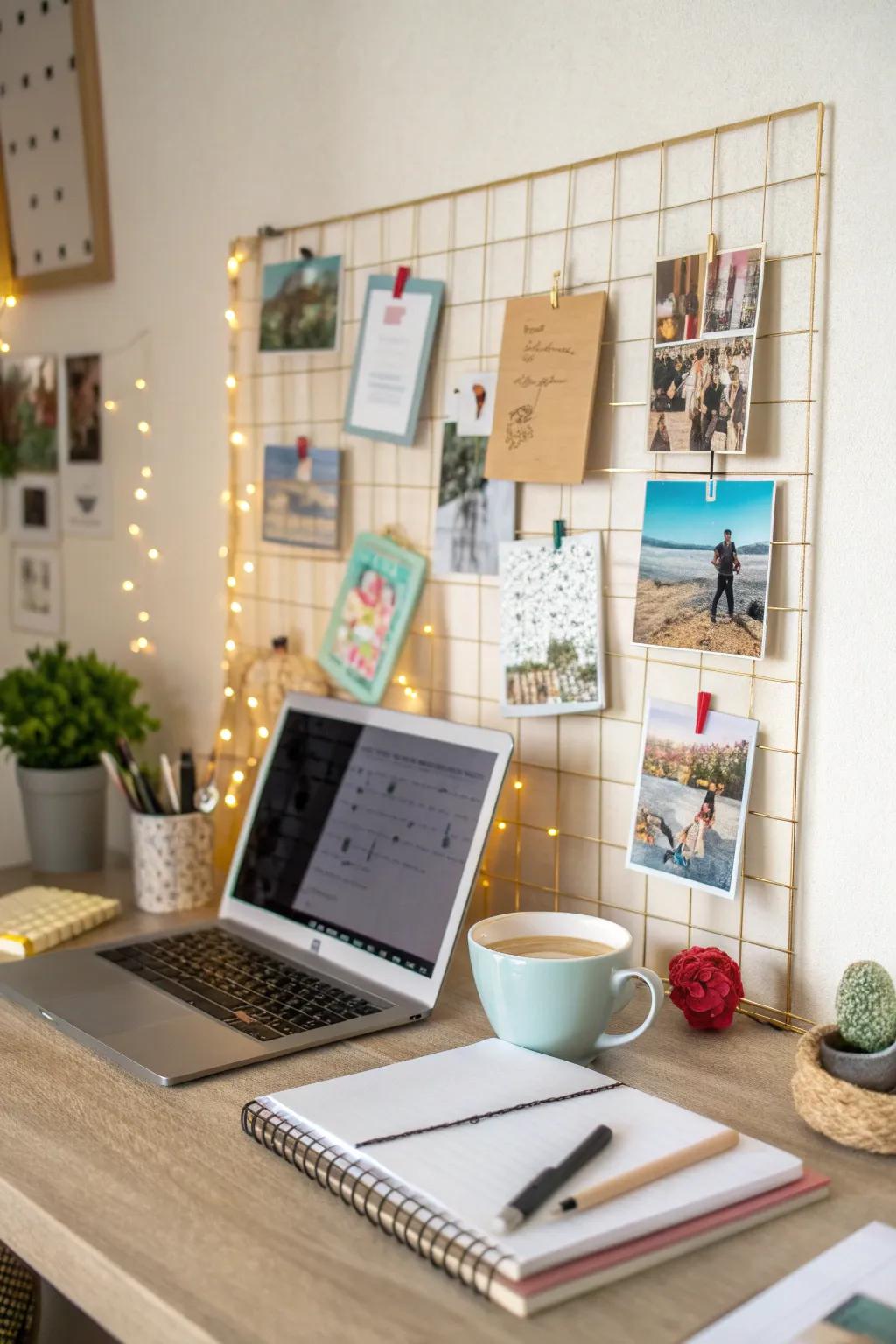 A desk featuring a pin board with inspirational quotes and visuals.