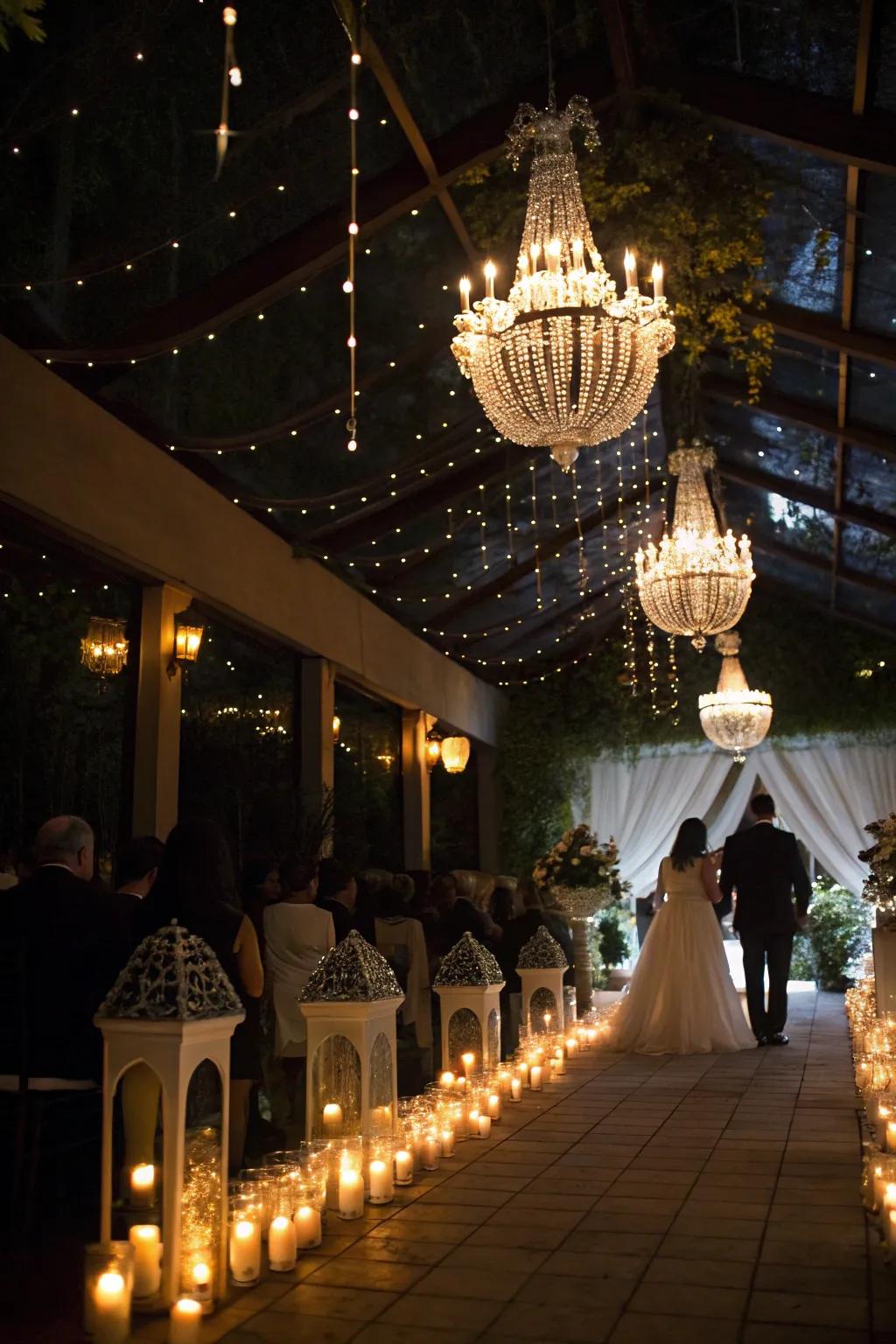Whimsical lighting crafting a magical wedding atmosphere.