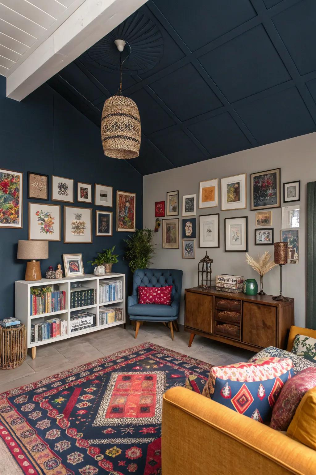 An eclectic room featuring an adaptable navy overhead.