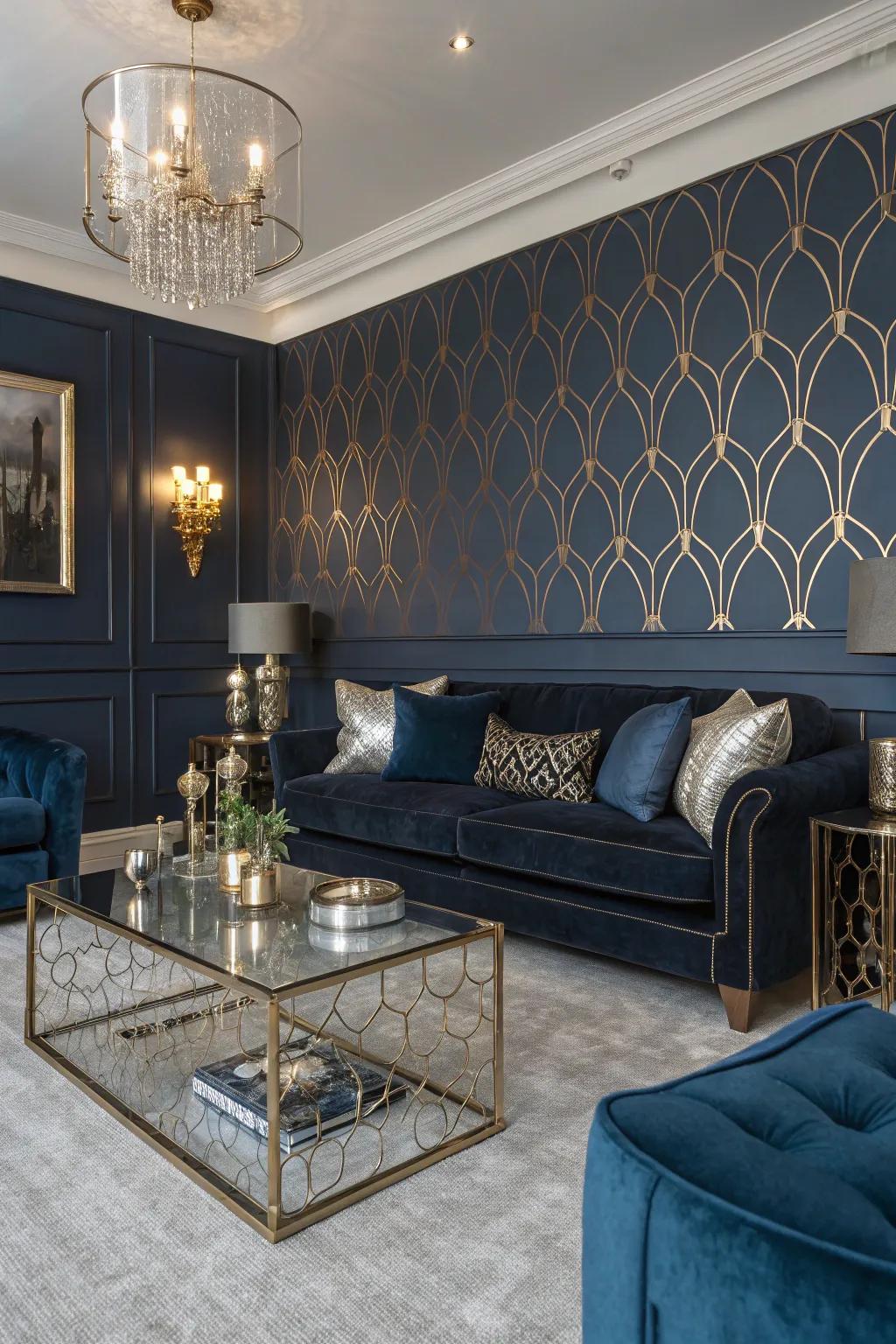 Metallic details give a hint of luxury to navy walls.