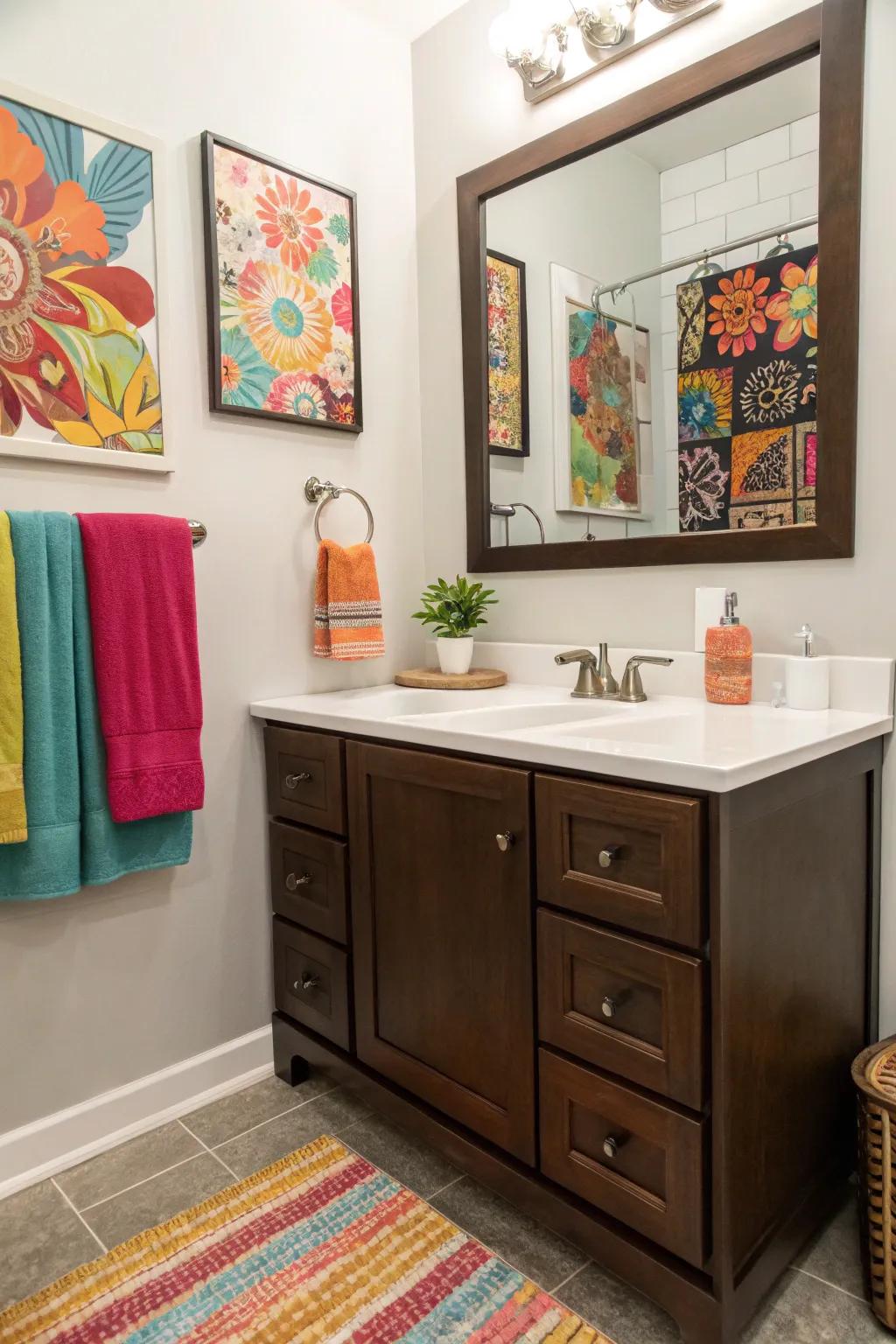 Colorful decor infuses vitality into a bathroom featuring a deep cocoa dressing table.