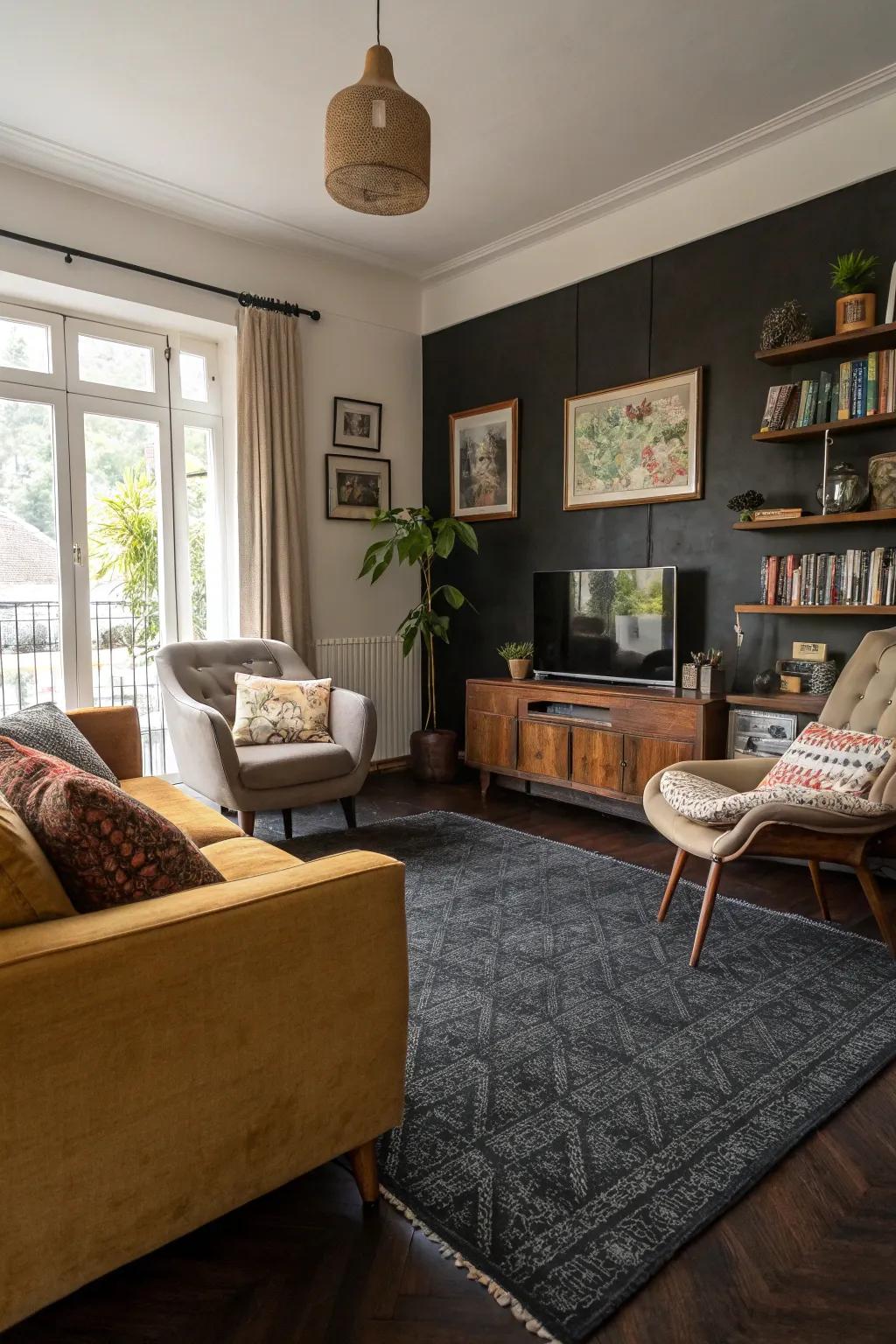 A varied mix of styles surrounding a dark-toned floor covering.