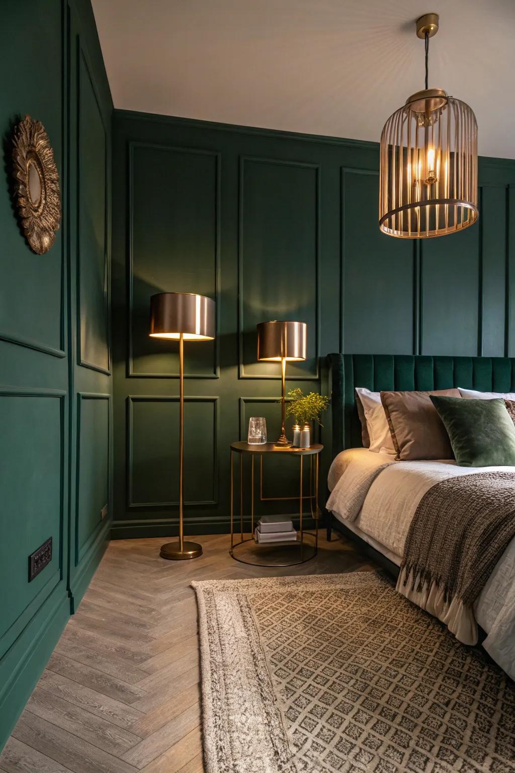 A shaded-green bedroom furnished with metallic lights and neutral-toned floor coverings.
