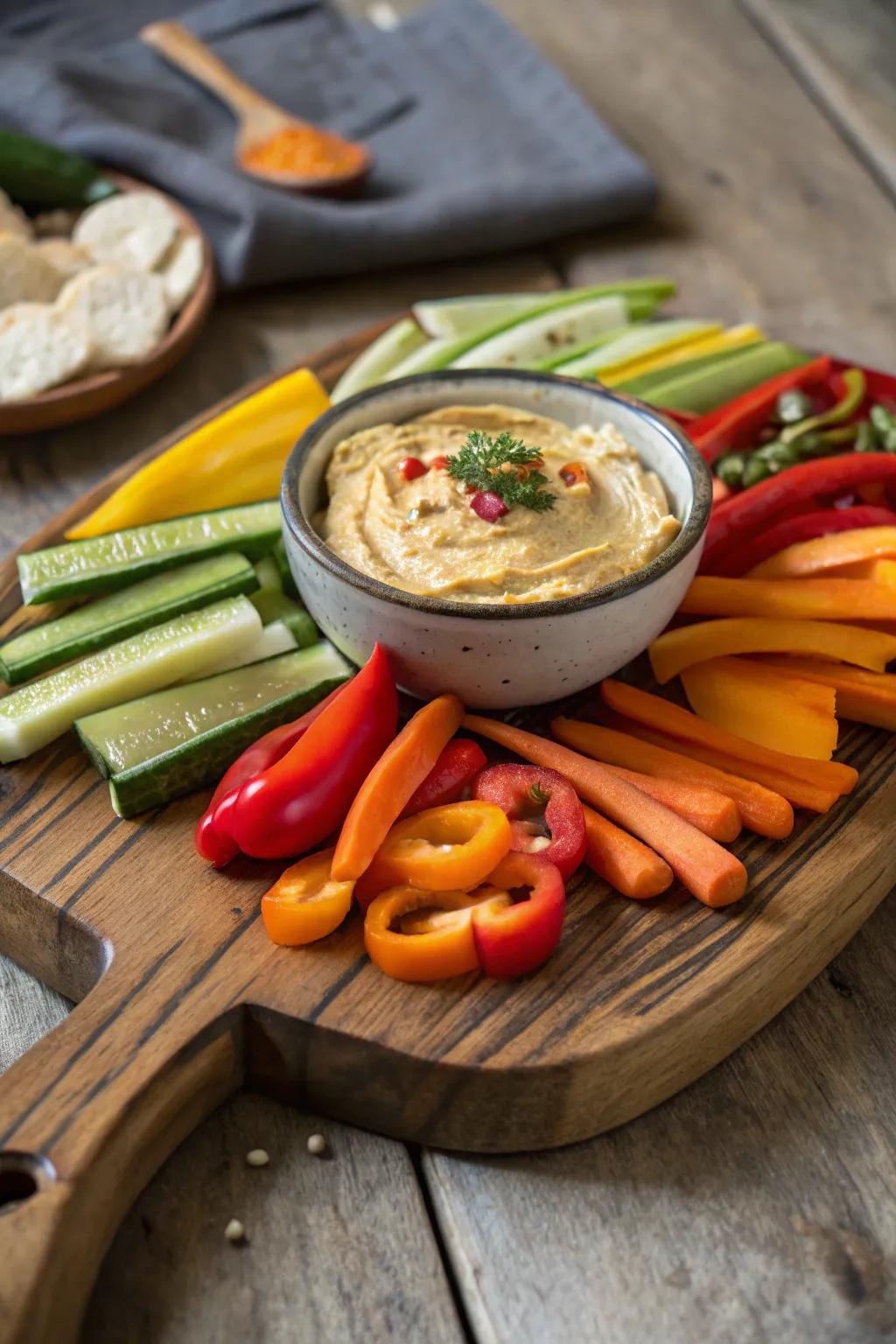 A delightful roasted vegetable and hummus plate.