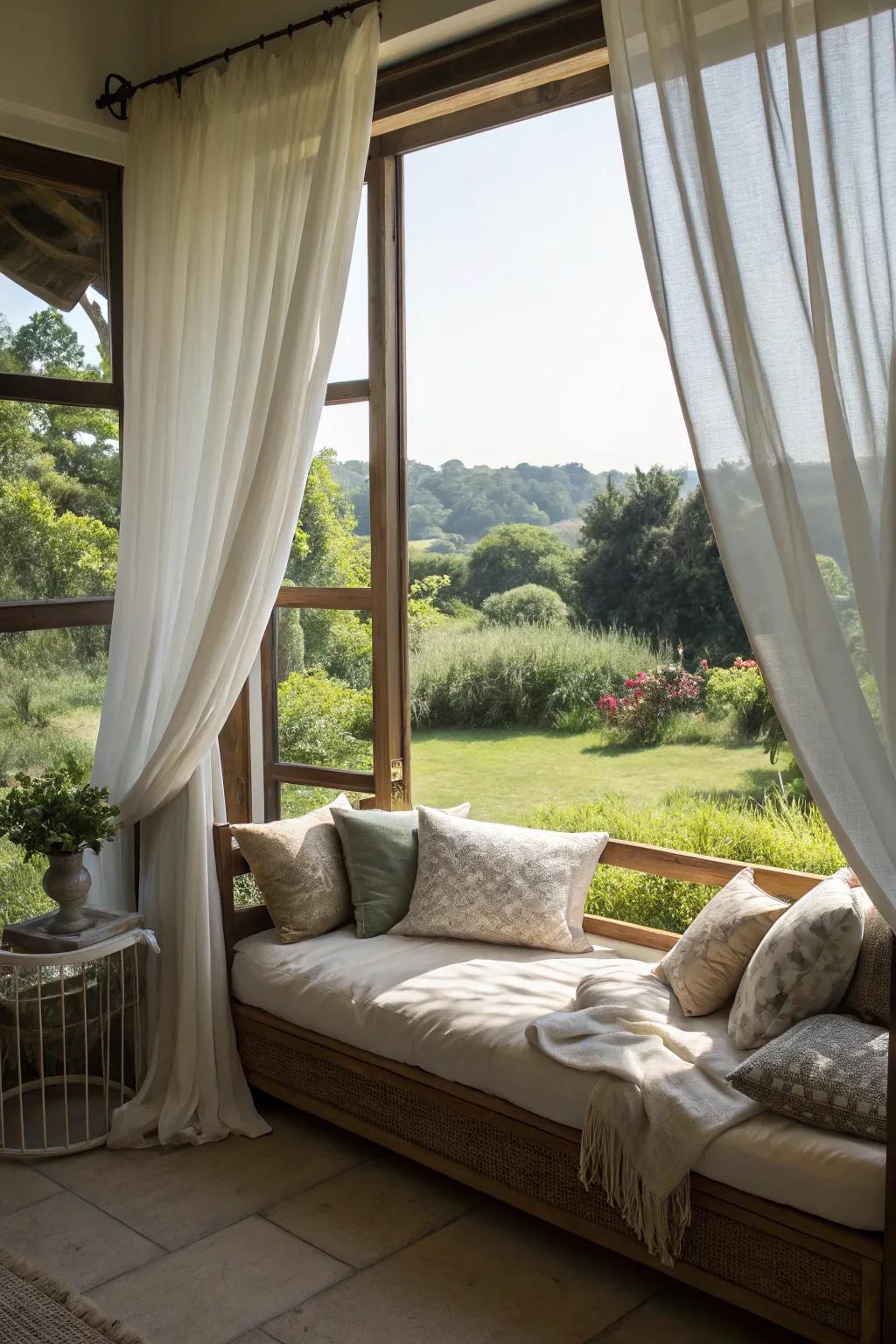 A daybed positioned by a window, enhancing natural light and offering scenic views.