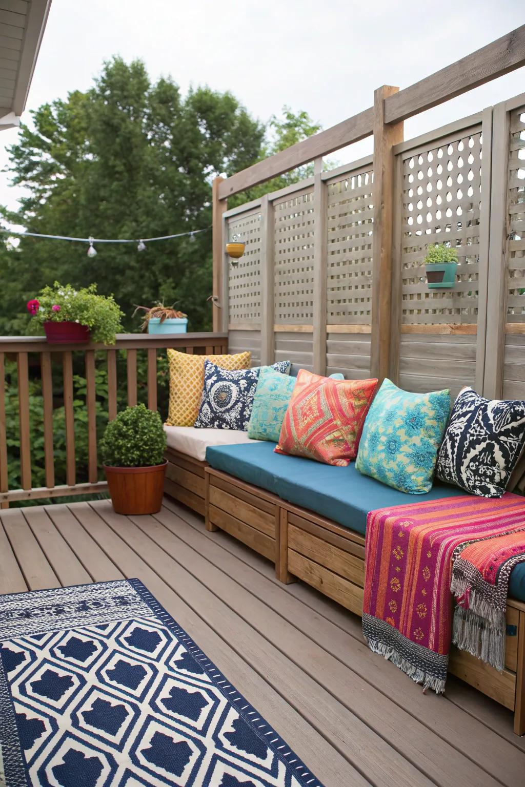 Decorative elements add style and comfort to a privacy wall.