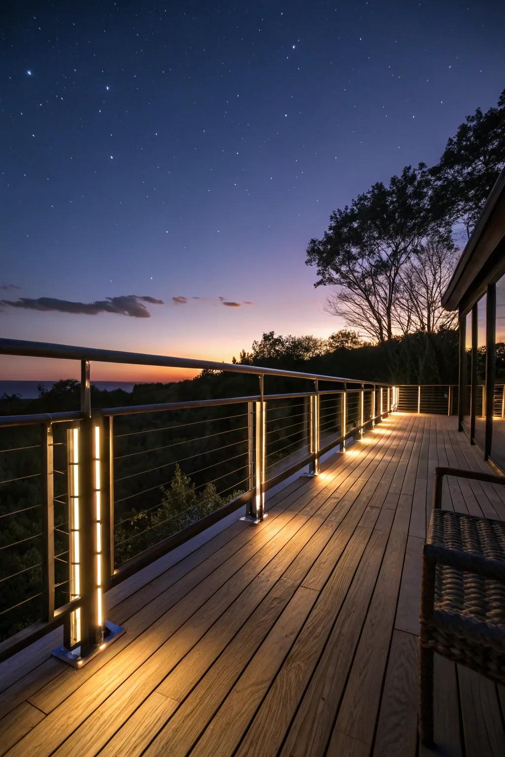 A cozy deck with softly glowing illuminated surrounds, perfect for evening gatherings.