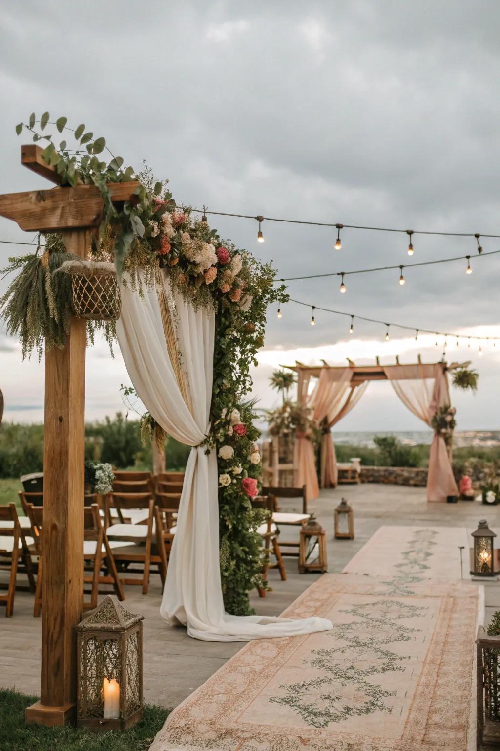 A cohesive bohemian-themed wedding event area.