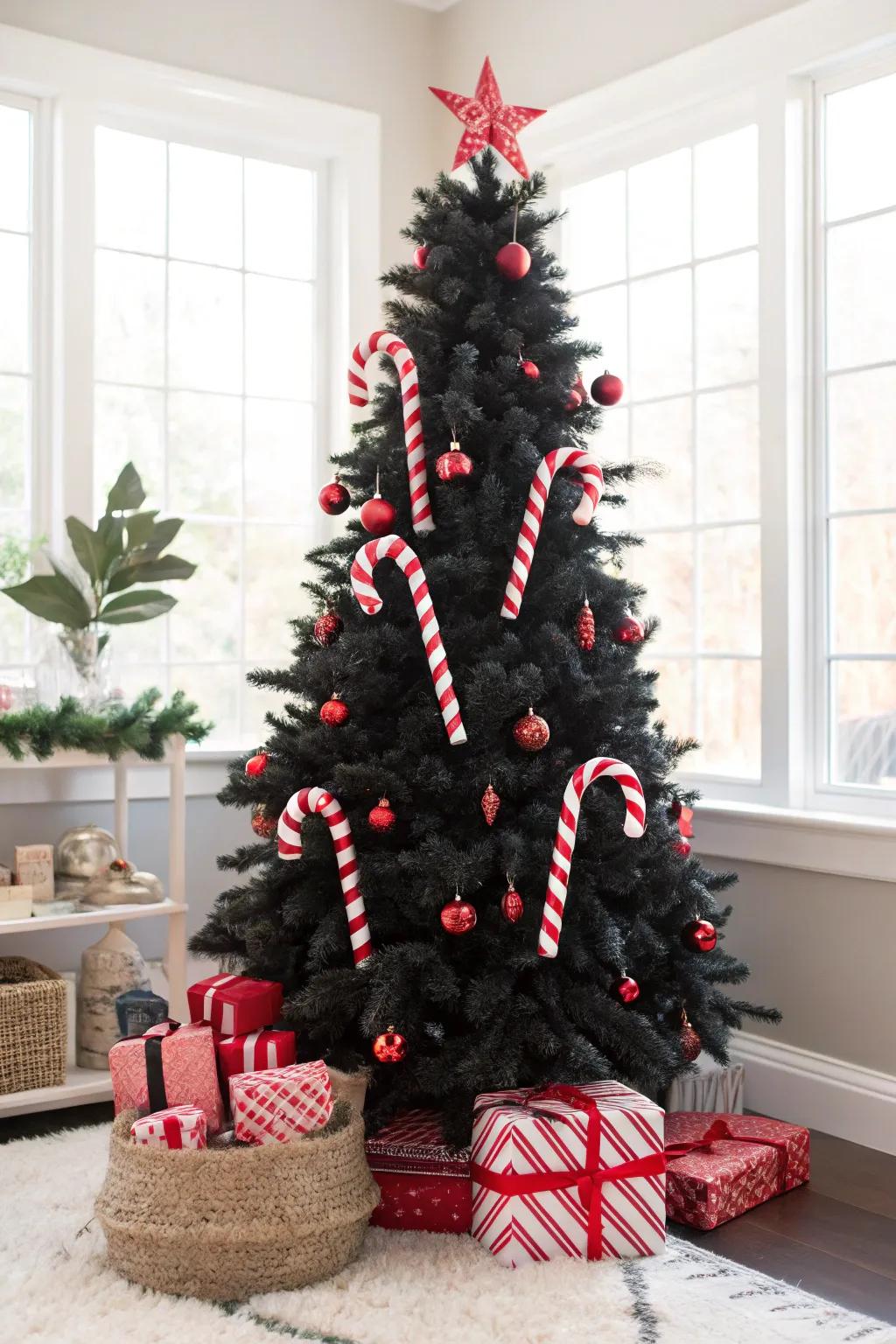 A fantastical ebony fir using oversized decorations.
