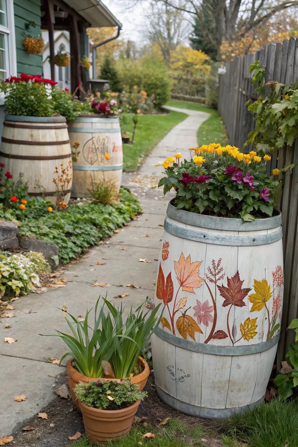 Barrels adorned with seasonal decorations