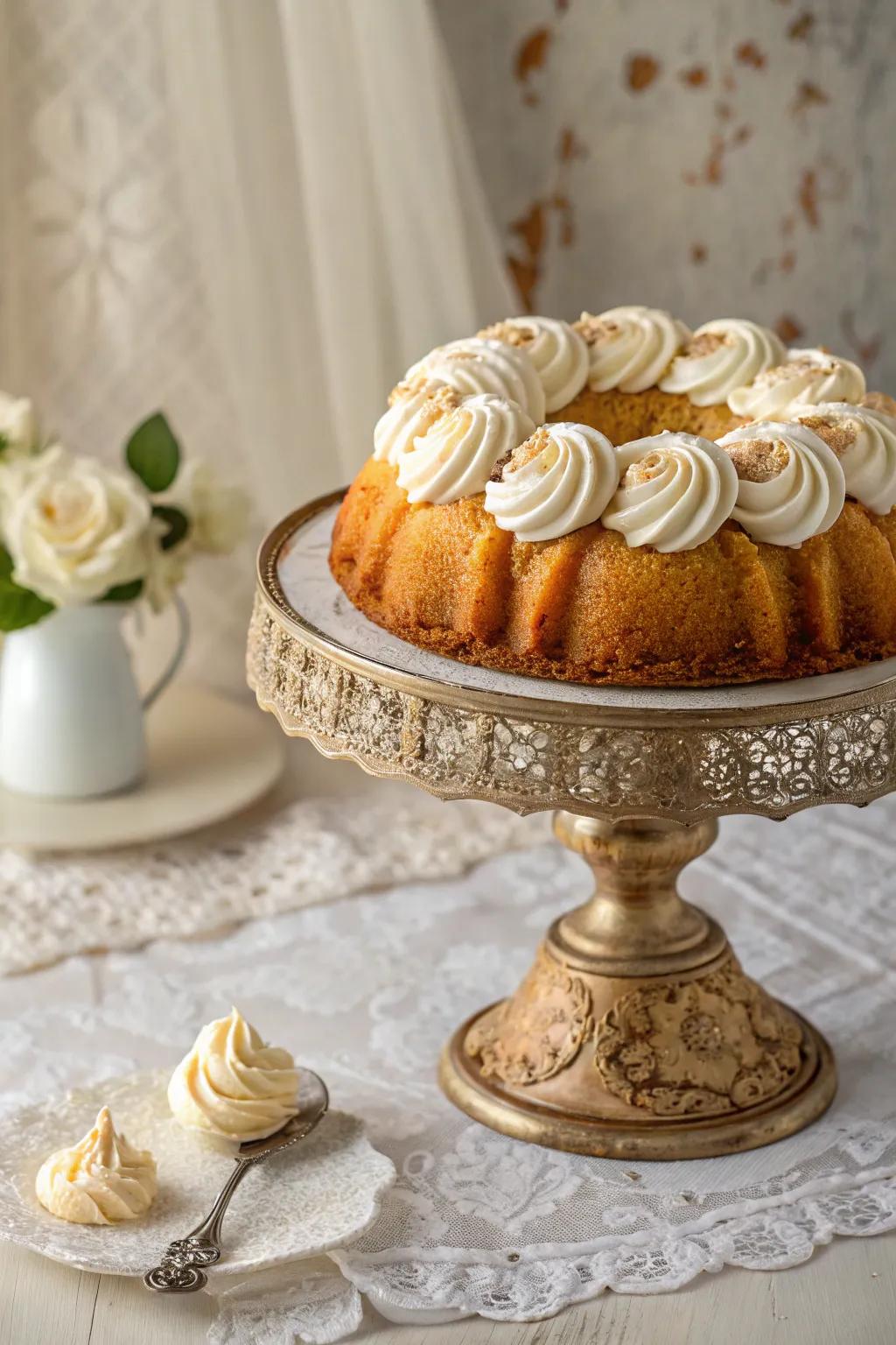 A ring cake tastefully topped with fluffy topping whirls.